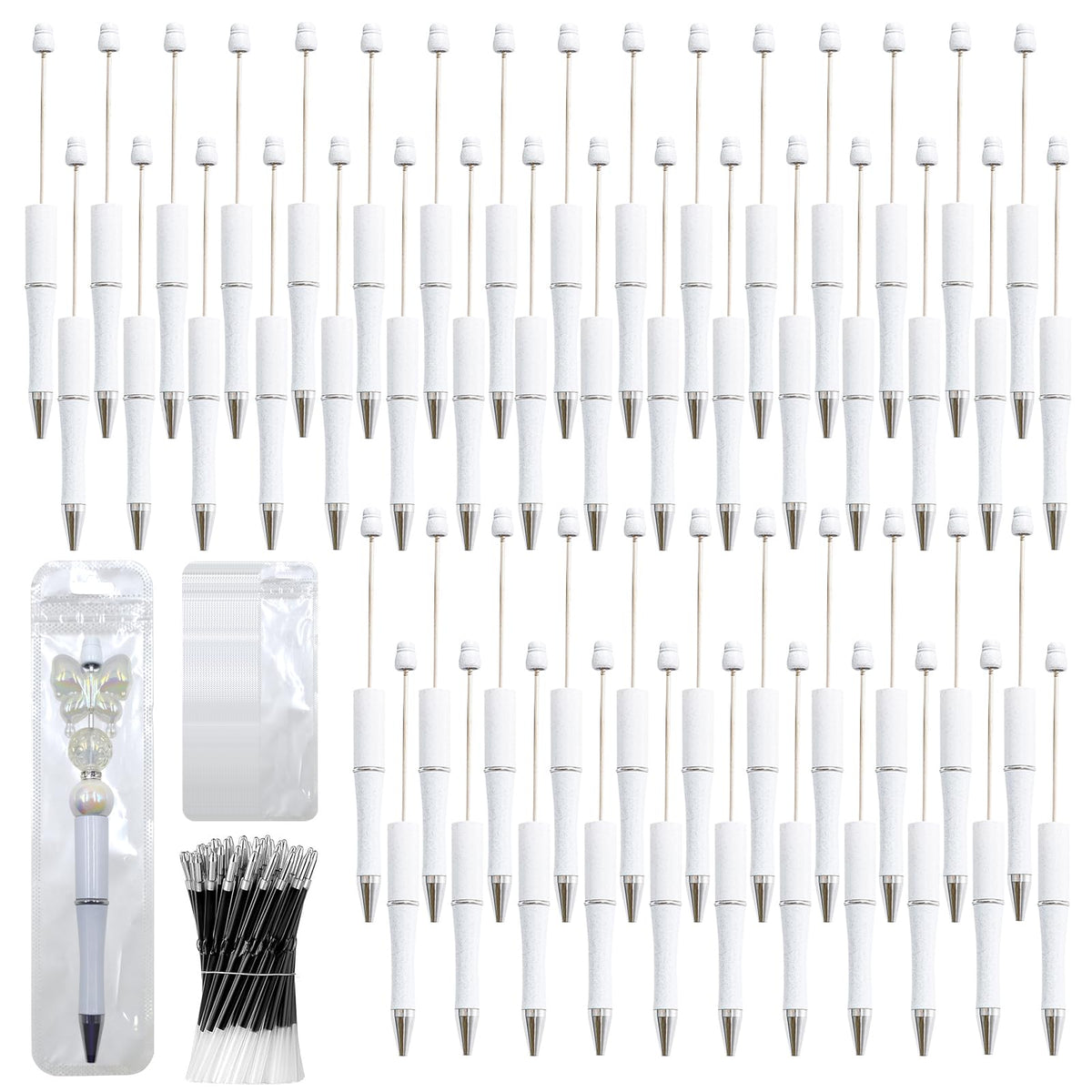 DASTTUIS 150 Pieces DIY Beadable Pen Kit – 50 Plastic Ballpoint Pens with Refills & Bags – School