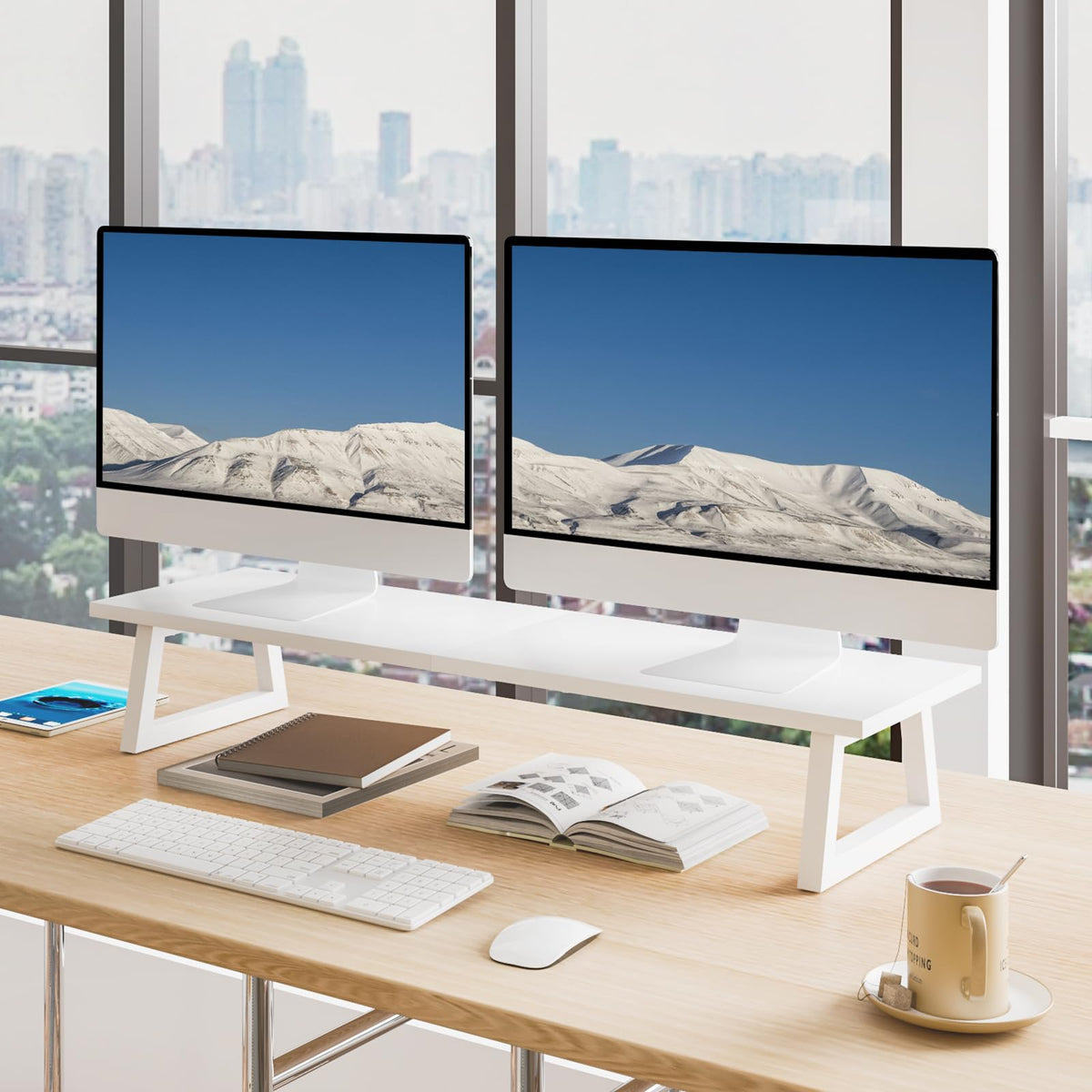 TEAMIX White Dual Monitor Stand Riser, 31.5 inch Long Stand, Desk Organizer