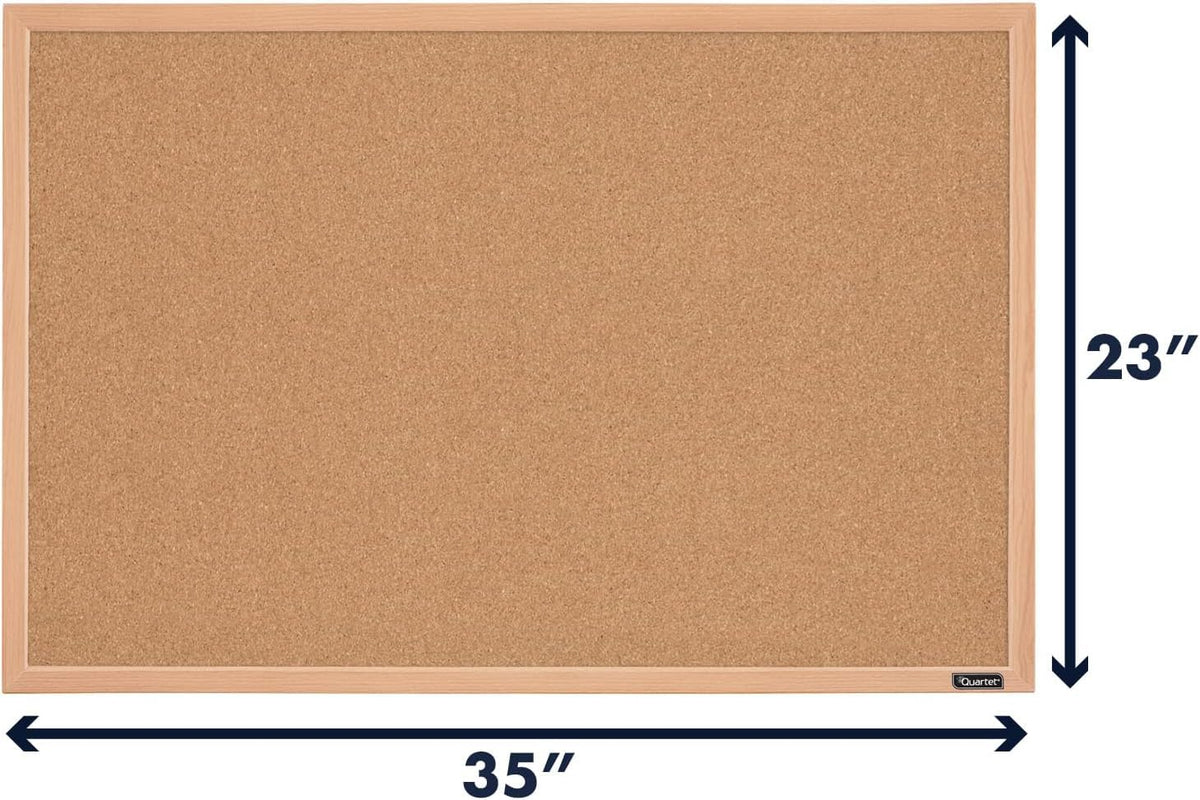 Quartet Cork Board Bulletin Board, 23" x 35" Framed Corkboard, Oak Frame, Decorative Hanging Pin