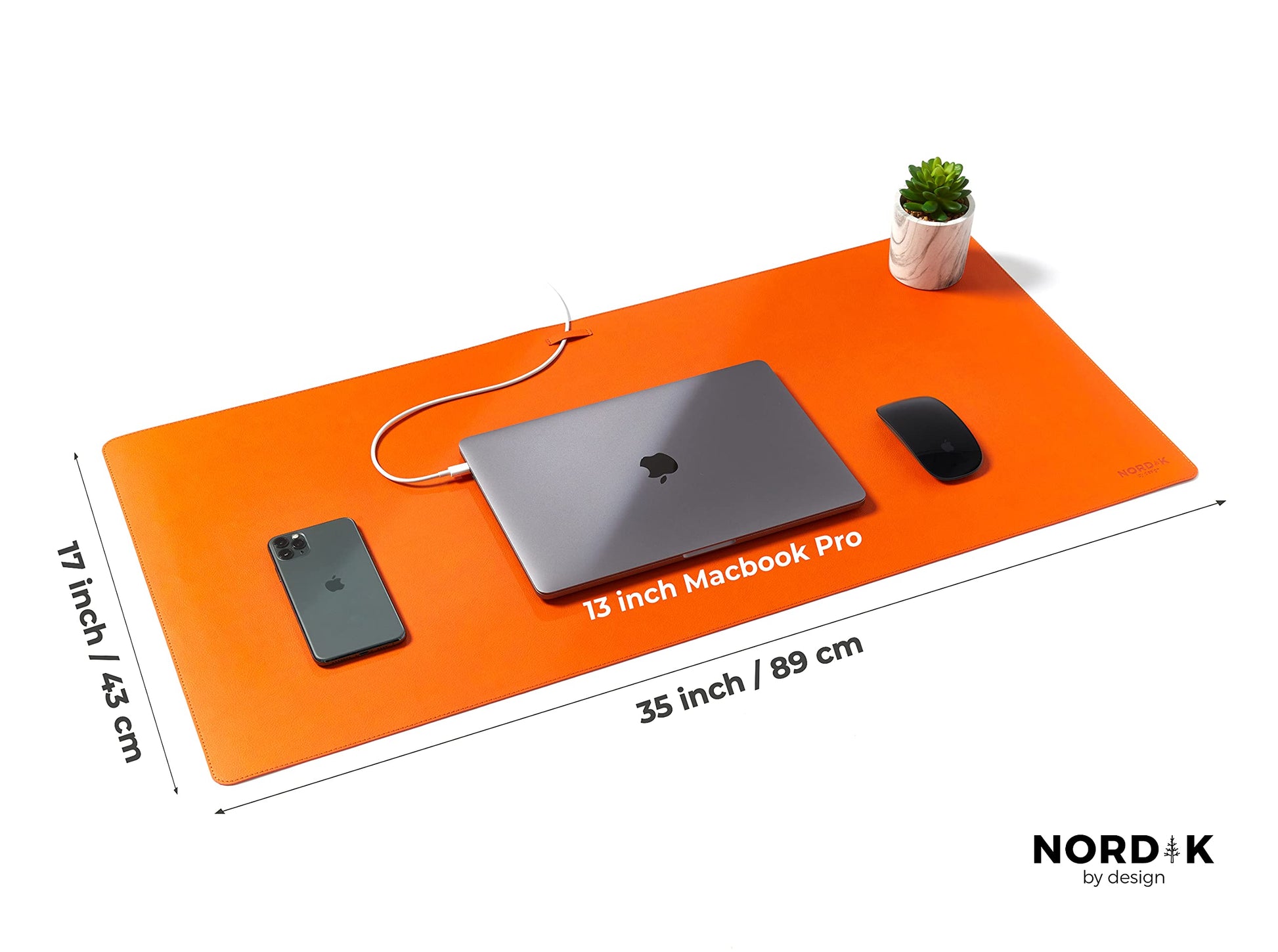 Nordik Leather Desk Mat -Tangerine Orange- Large Leather Desk Pad 35x17in