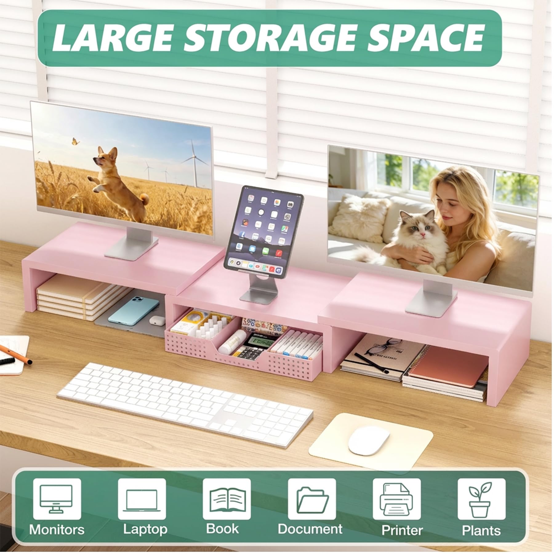 OPNICE Dual Computer Monitor Stand Riser, Desk Organizer with Drawer, Office Desk Accessories &