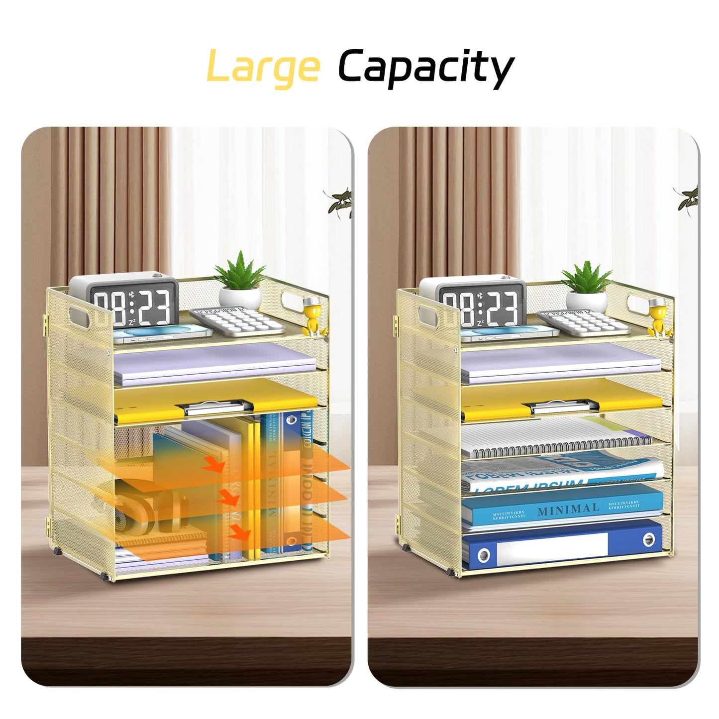 7 Tier Paper Organizer for Desk with Mesh Letter Trays and Handle Gold