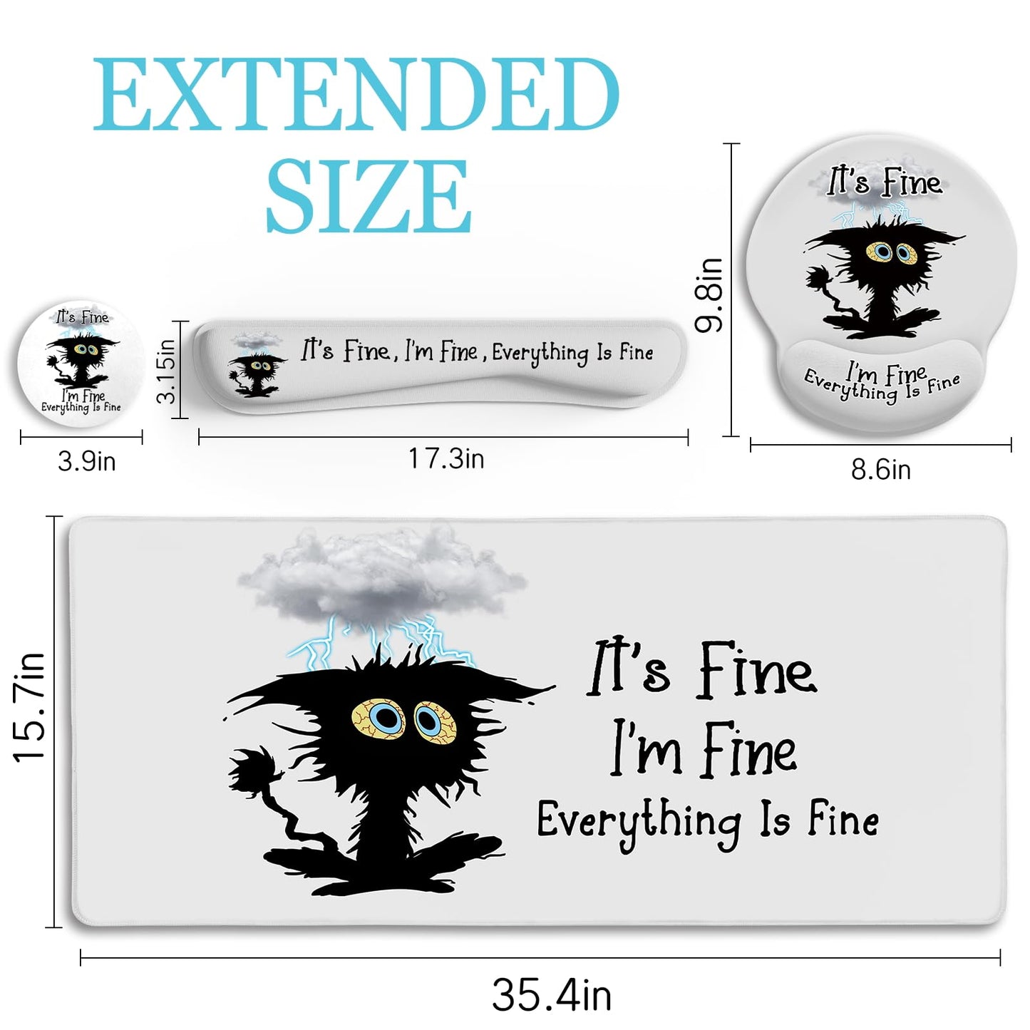 LIMKRIAN Large Gaming Mouse Pad Desk Mat Set, Funny Black Cat Desk Decor