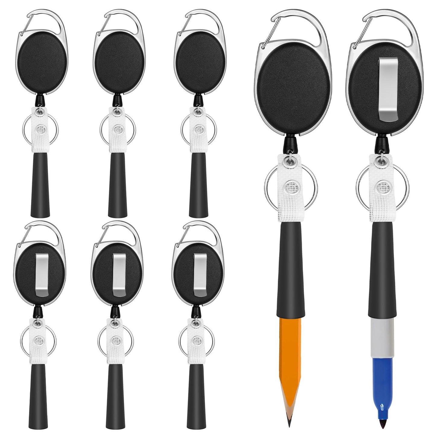8 Pack Retractable Pen Holder with 32" Dyneema Cord, Elastic Silicone Grip