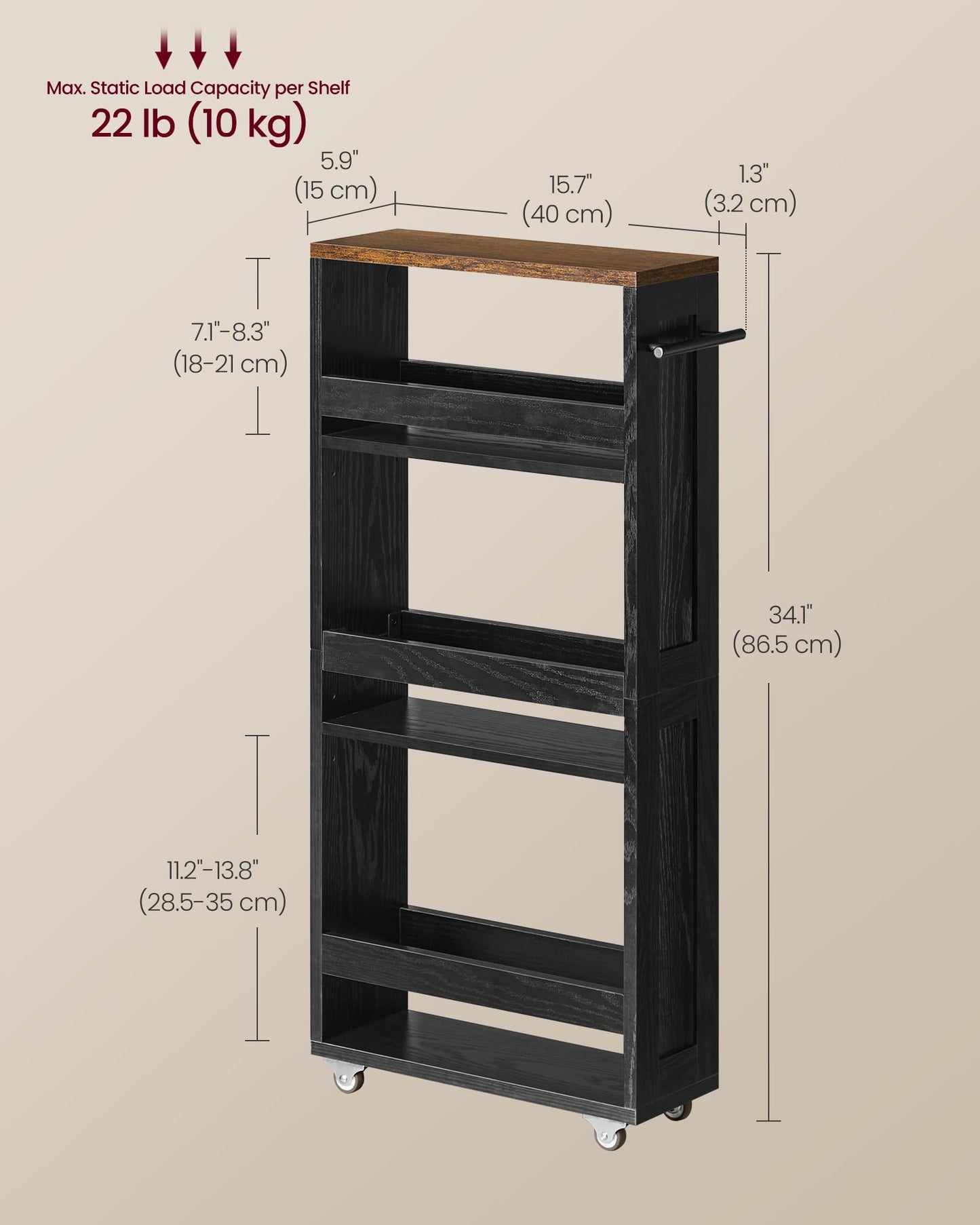 VASAGLE 4-Tier Slide-Out Storage Cart, Slim Kitchen Cart with Wheels