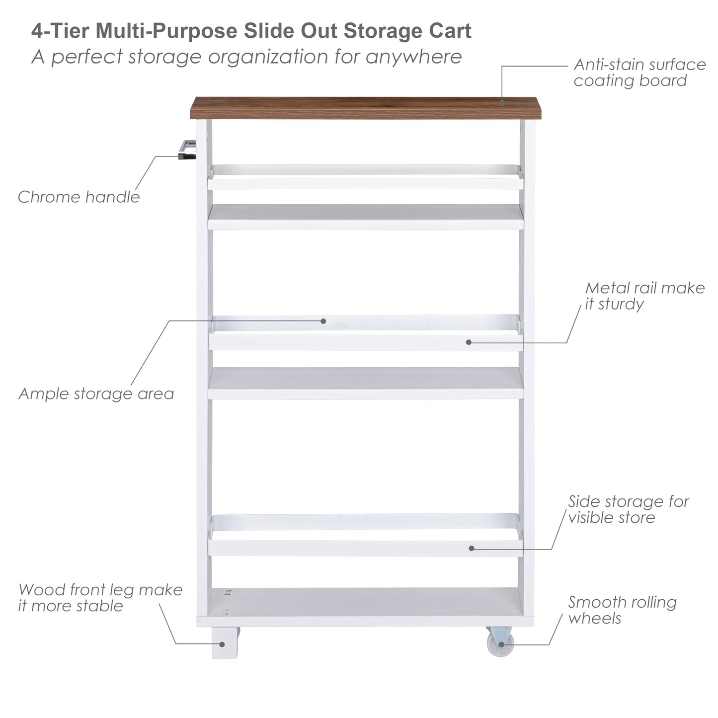UTEX Slim Rolling Storage Cart, 4-Tier Utility Cart on Wheels, Mobile Kitchen Storage Shelf for