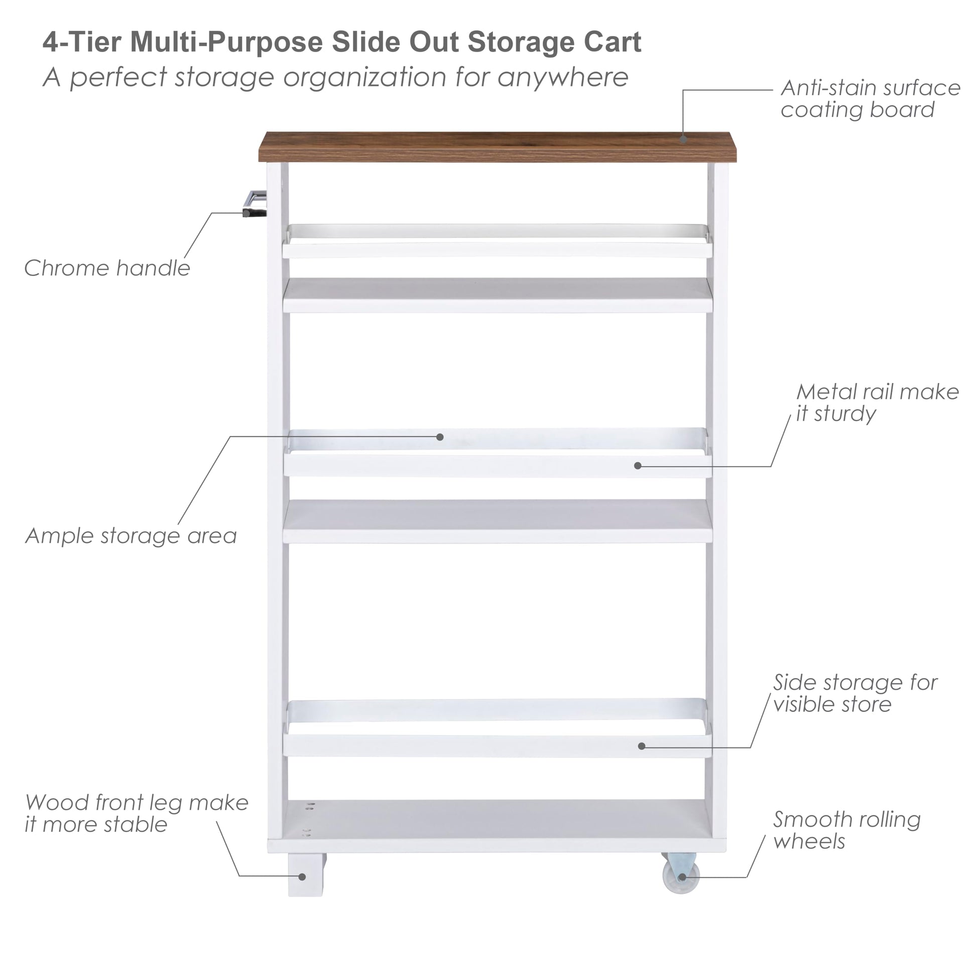 UTEX Slim Rolling Storage Cart, 4-Tier Utility Cart on Wheels, Mobile Kitchen Storage Shelf for
