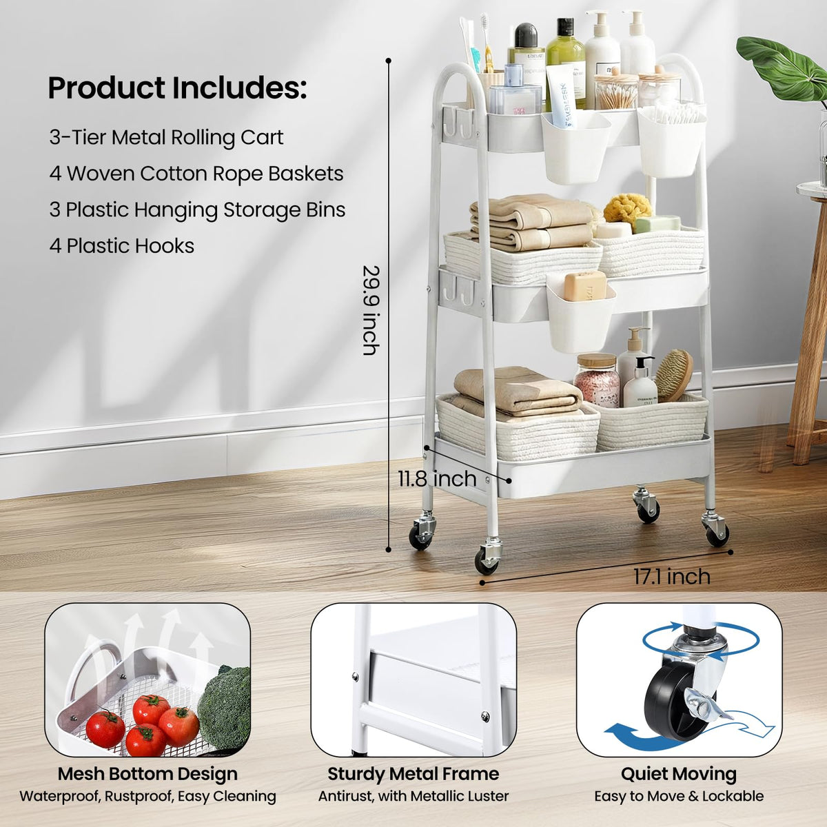 3-Tier Rolling Utility Cart with 4 Woven Baskets, Diaper Book Snack Cart, Storage Organizer for