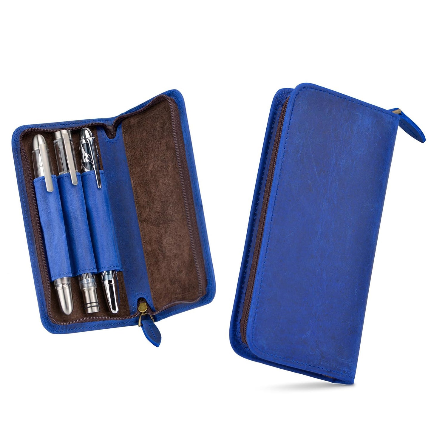 Asvine Fountain Pen Case 3 Divided Slots Crazy Horse Leather Pen Holder, Handmade Display Zippered