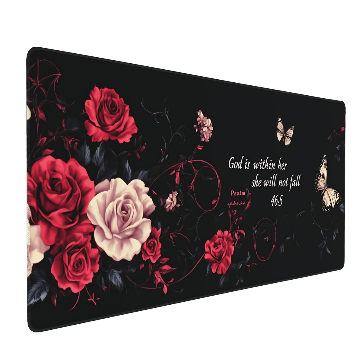 Floral Aesthetic Rose Gaming Mouse Pad, Black Red Gothic Desk Mat with Anti-Slip Base & Stitched