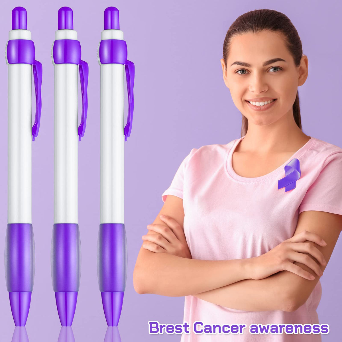 Yexiya 100 Pcs Domestic Violence Awareness Pen Purple Ribbon Bulk Black Ink