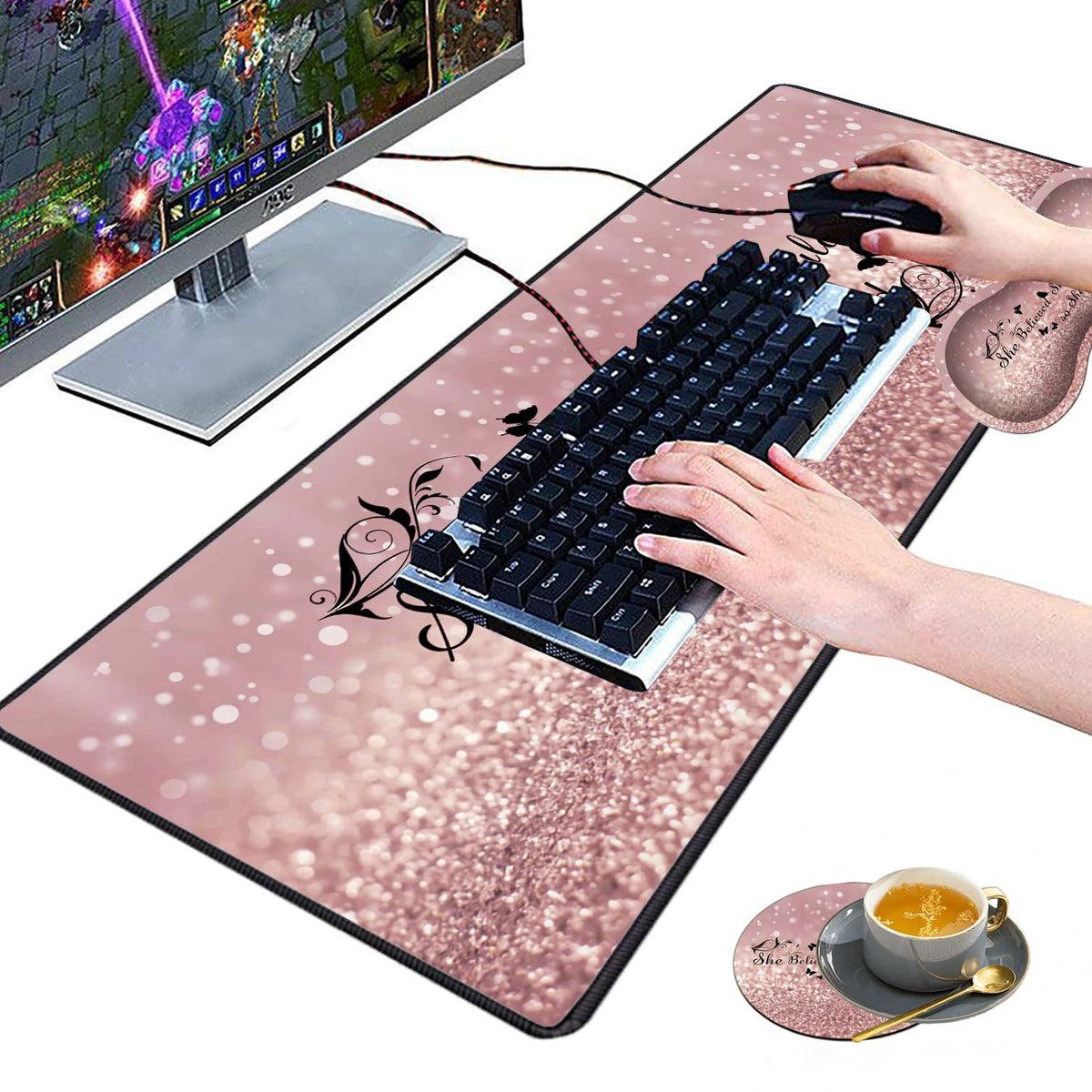 3 Piece Mouse Pad Set with Stitched Edge Large Anti-Slip Mouse Pad Desk Pad Keyboard Pad + Wrist
