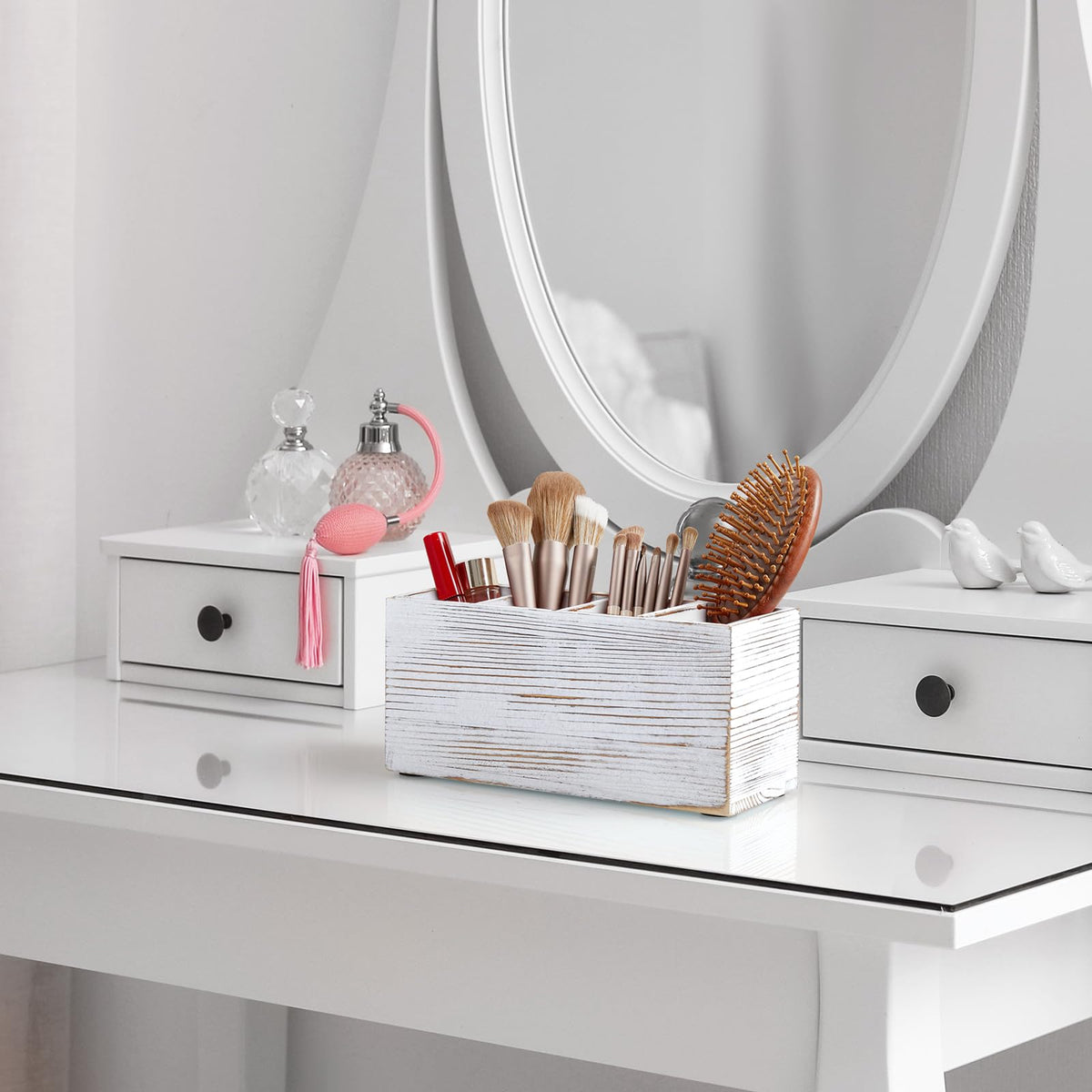 Pencil Pen Holder for Desk, White Washed Wood Office Desk Organizers and Accessories with 4 Slots