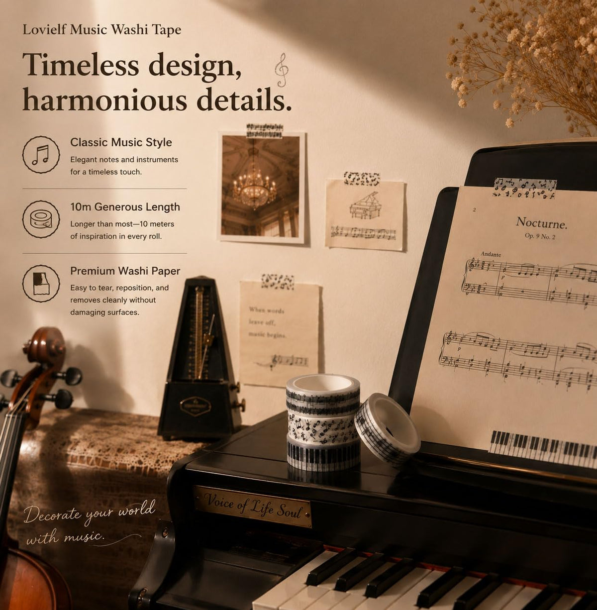 lovielf Black and White Piano Note Melody Keyboard Cat Staff Stave Score Music washi Tape Set of 4