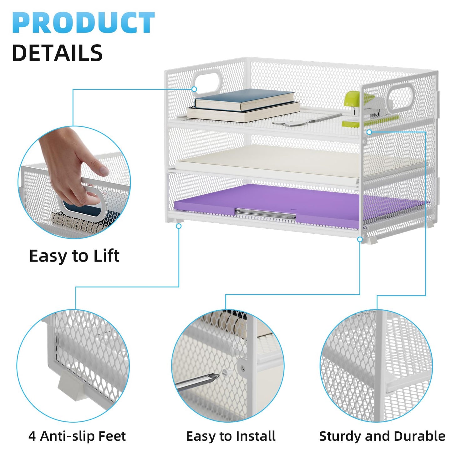 Marbrasse 3 Tier Paper Organizer Letter Tray, Mesh File Organizer with Handle, Paper Sorter Desk