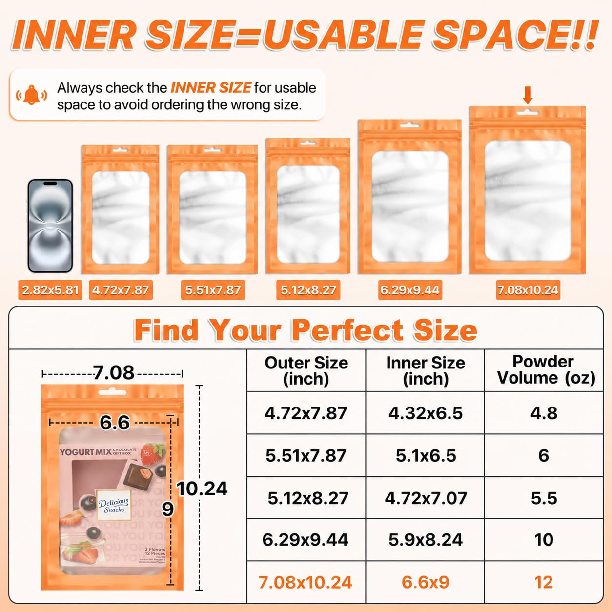 ANZNKU 100Pcs Orange Mylar Bags, Resealable Smell Proof Zip Goodie Baggies