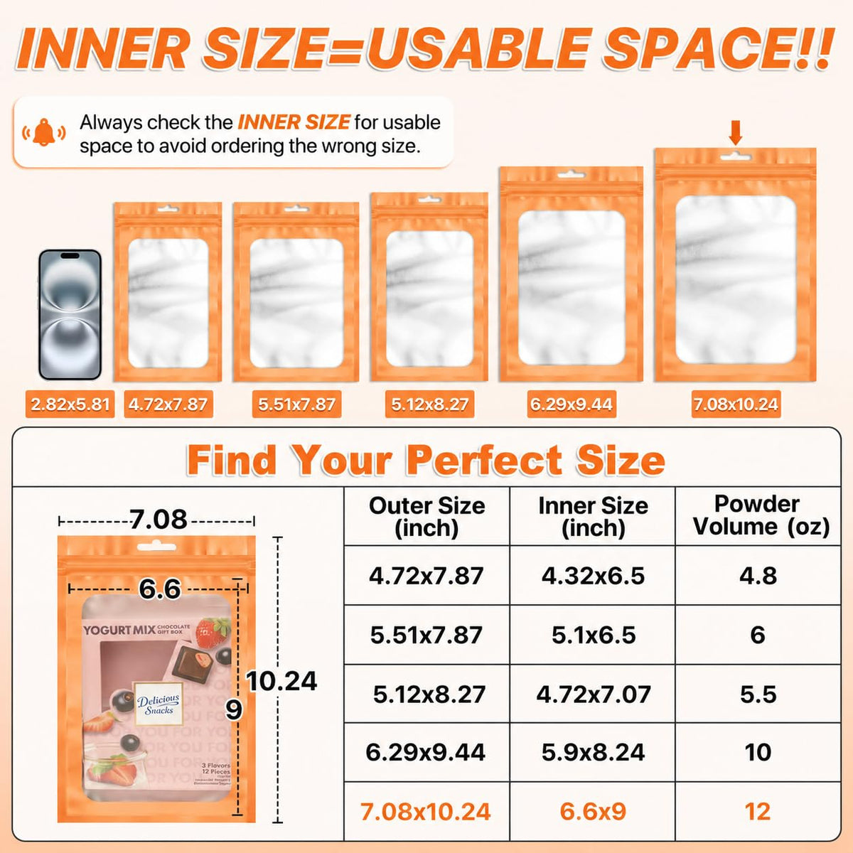ANZNKU 100Pcs Orange Mylar Bags, Resealable Smell Proof Zip Goodie Baggies