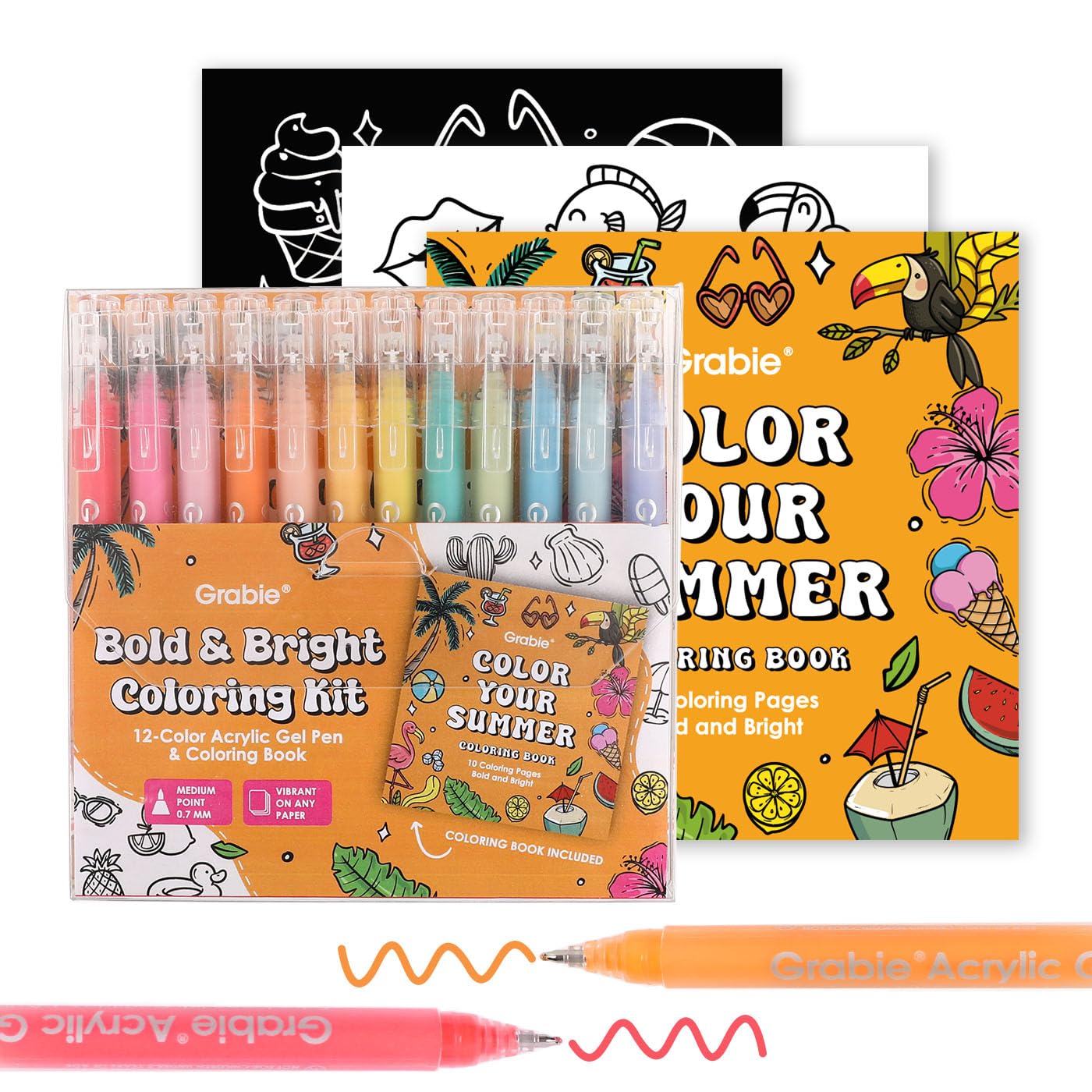 Grabie Acrylic Gel Pens Coloring Kit with Book, Pack of 12 Summer Colors