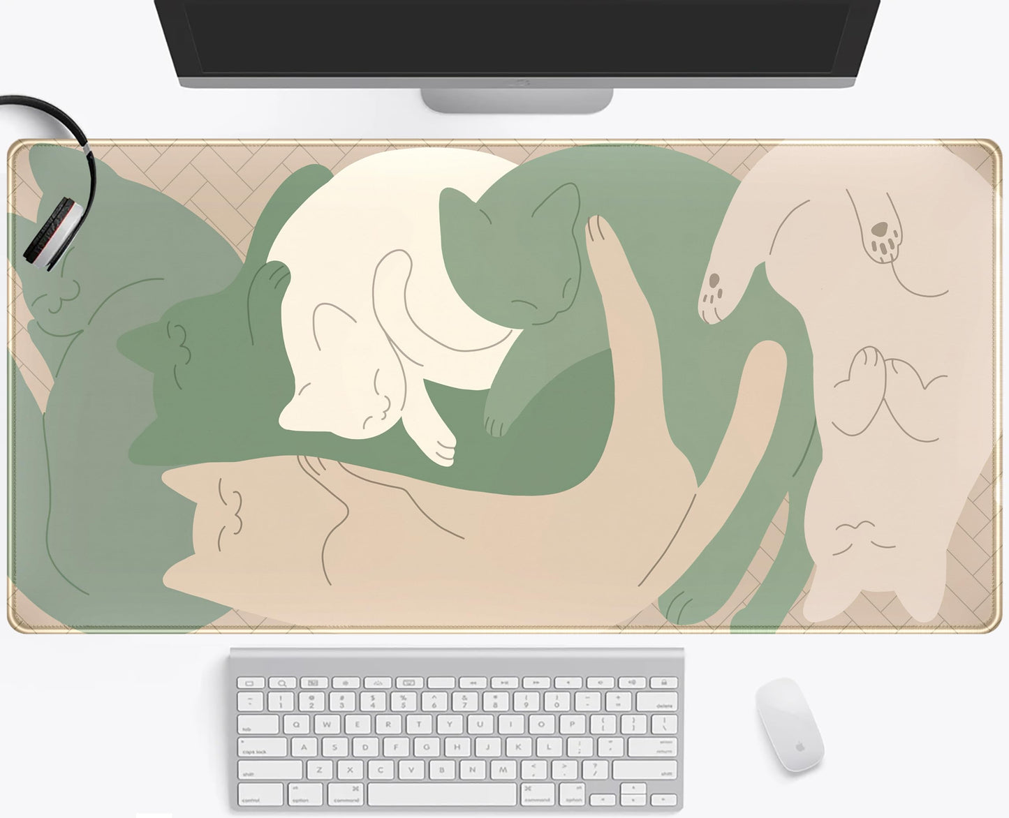 Cute Sleeping Cats Desk Mat Matcha Green Desk Pad, Minimalist Boho Mouse Pad XXL, Cream Tan Gaming