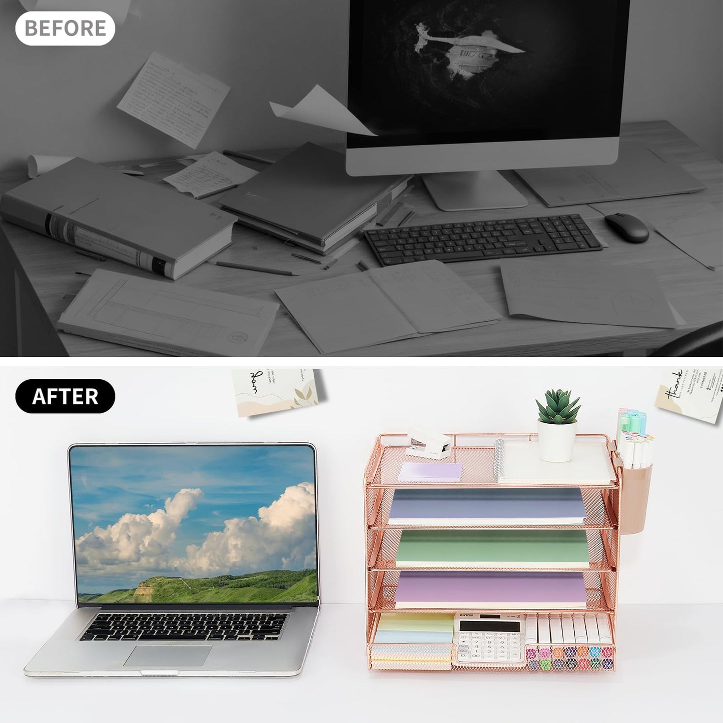 LEKETREE Desk Organizer and Accessories, 5-Tier Paper Letter Tray Organizer with Drawer & 2 Pen