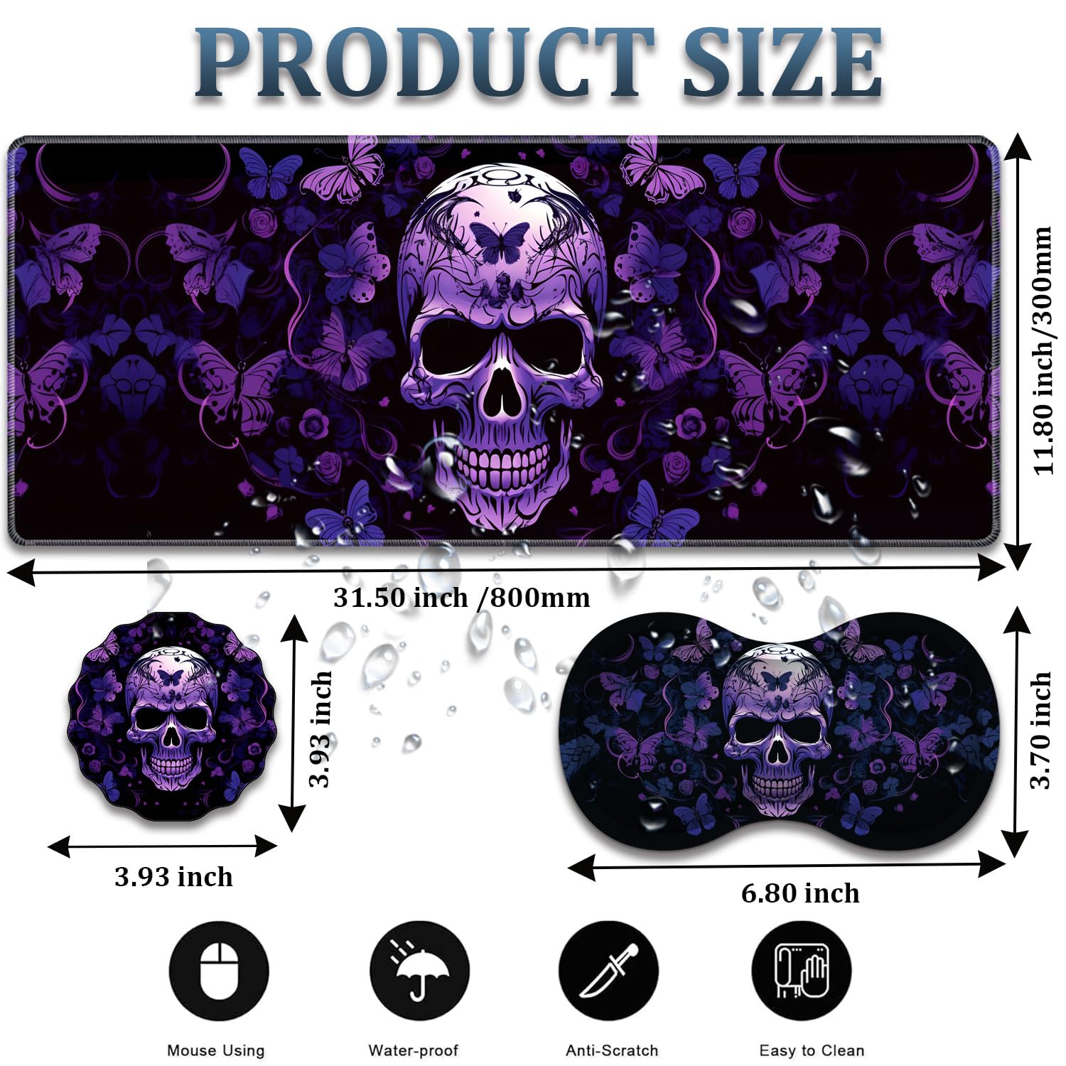 3-Piece Skull Butterfly Mouse Pad Set, Including Wrist Support Pad and Cup Holder, with Waterproof