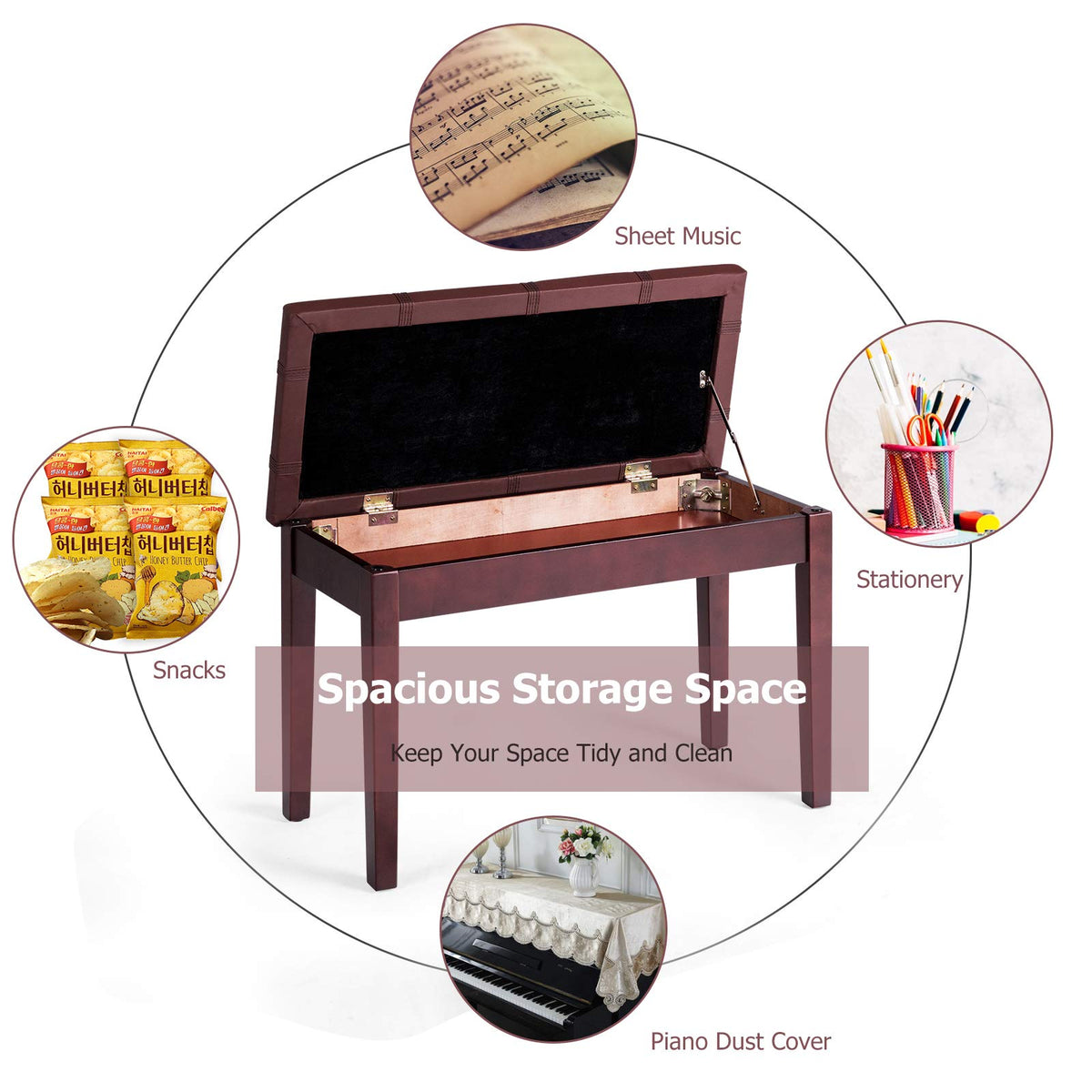 GOFLAME Piano Bench with Padded Cushion and Music Storage, Comfortable Double Duet Seat with PU