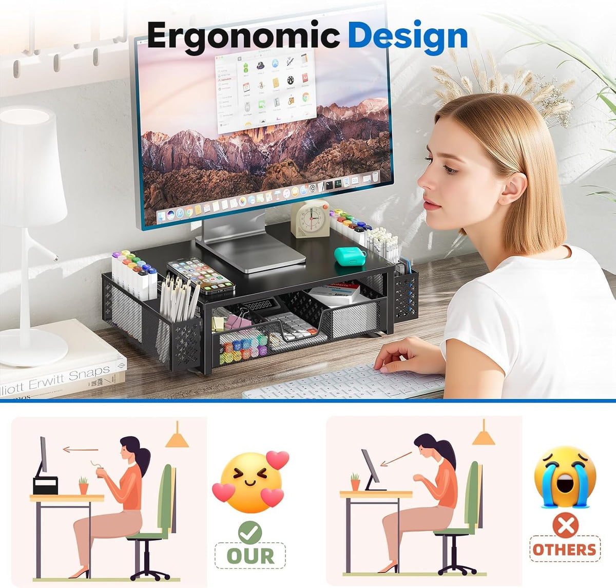 Simple Trending Monitor Stand Riser, Desk Organizer and Accessories, Black
