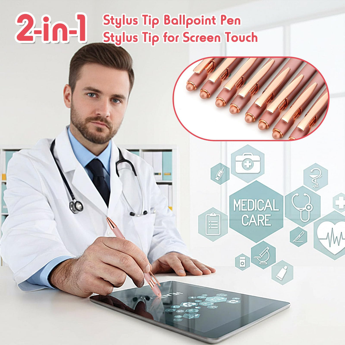 Yeaqee 100 Pieces Ballpoint Pen Bulk with Stylus Tip Click, Rose Gold