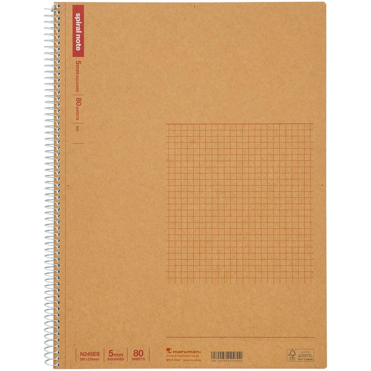 Maruman Spiral Note Basic Notebook, 160 Pages, A4, 5mm Graph Paper