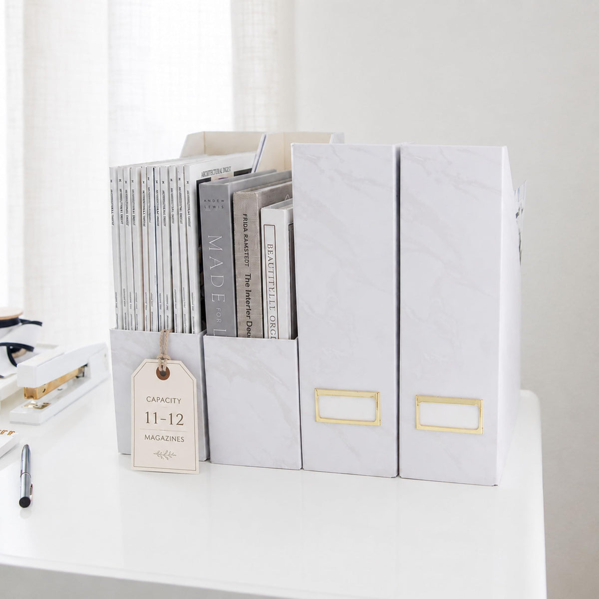 BLU MONACO Set of 4 Magazine Holders | White Marble Design with Gold Label Holders | Foldable File