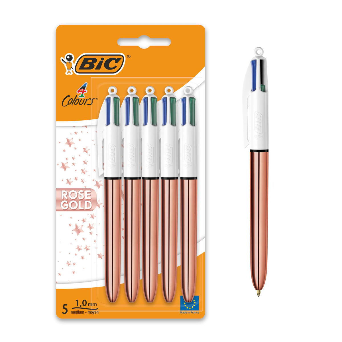 BIC 4 Colours Rose Gold Pen, Multi Coloured Pens All In One, Retractable Ballpoint Pen, Medium