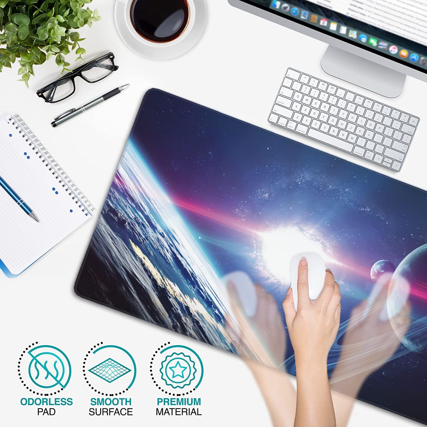 Planets and Nebula in Space Extended Gaming Mouse Pad Large Desk Mat with Non-Slip Rubber Base and