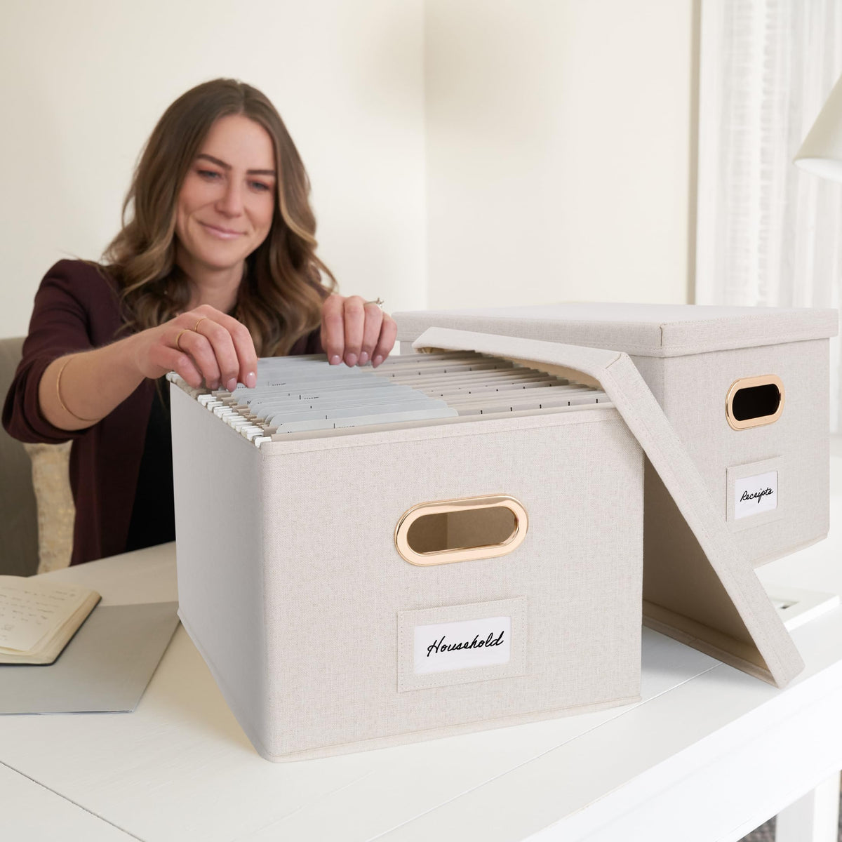 Decorative File Organizer Box Set of 2 - Collapsible Linen Filing Cabinets