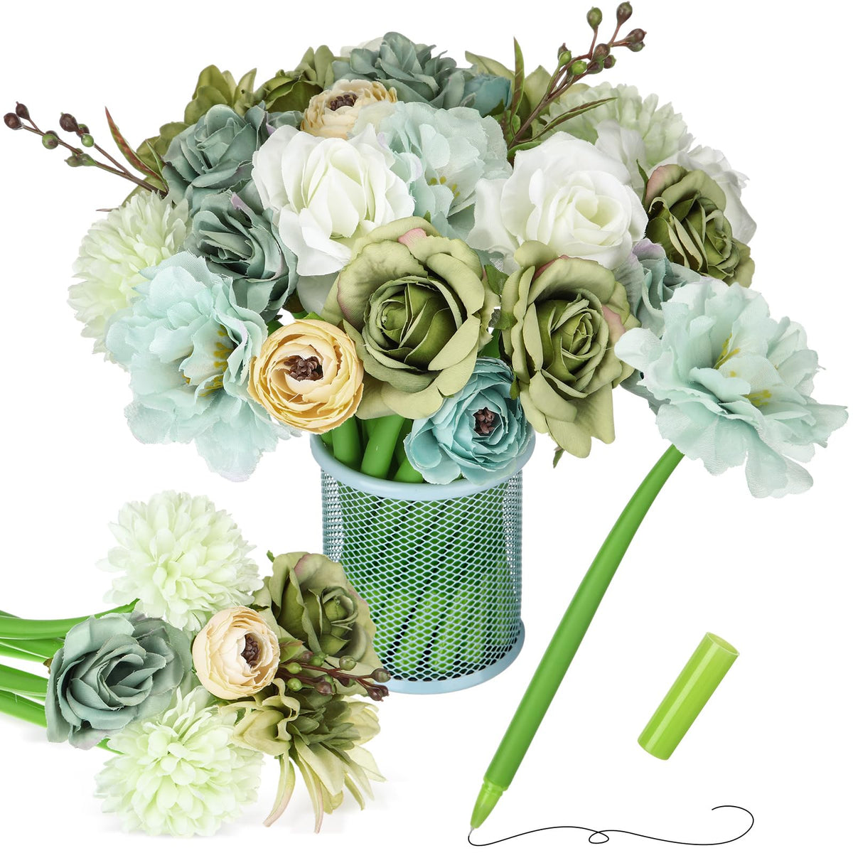 BBTO 24 Pcs First Day Flower Pen Ballpoint with Flower Top, Forest