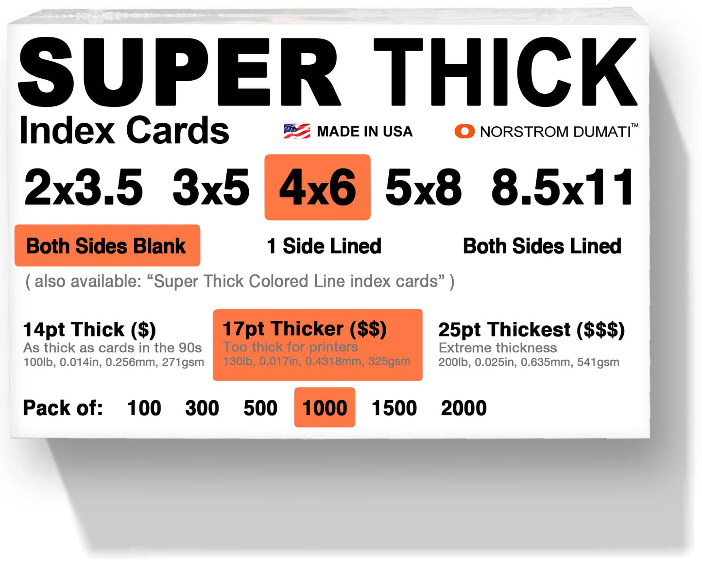 1,000 SUPER THICK index cards / 4"x6" / 17pt (0.017") 130lb / blank un-ruled/archival acid-free in
