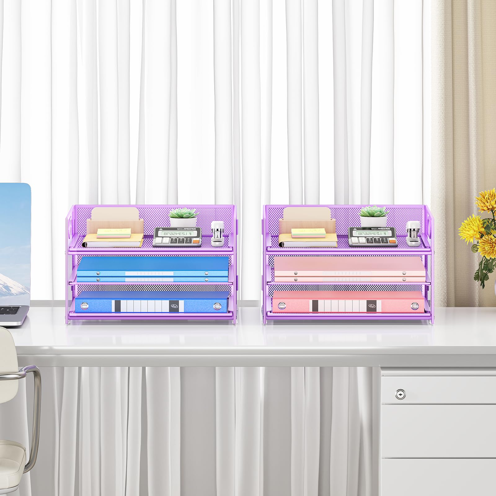 Paper Organizer with Handle,2P-3 Tier Purple Desk Organization Set
