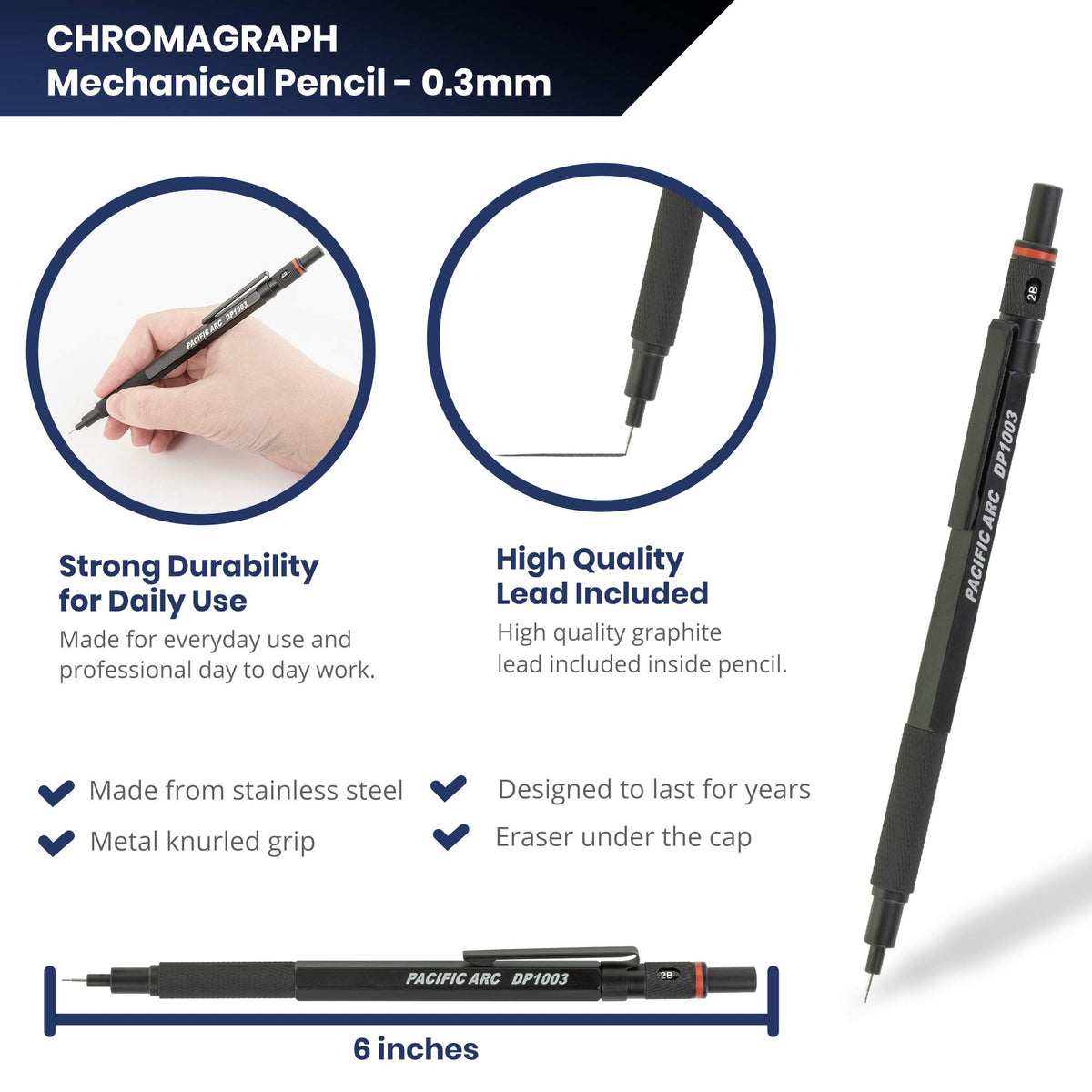 Pacific Arc Chromagraph Metal Mechanical Pencil .3 mm Black Barrel Mechanical Pencil with Built In