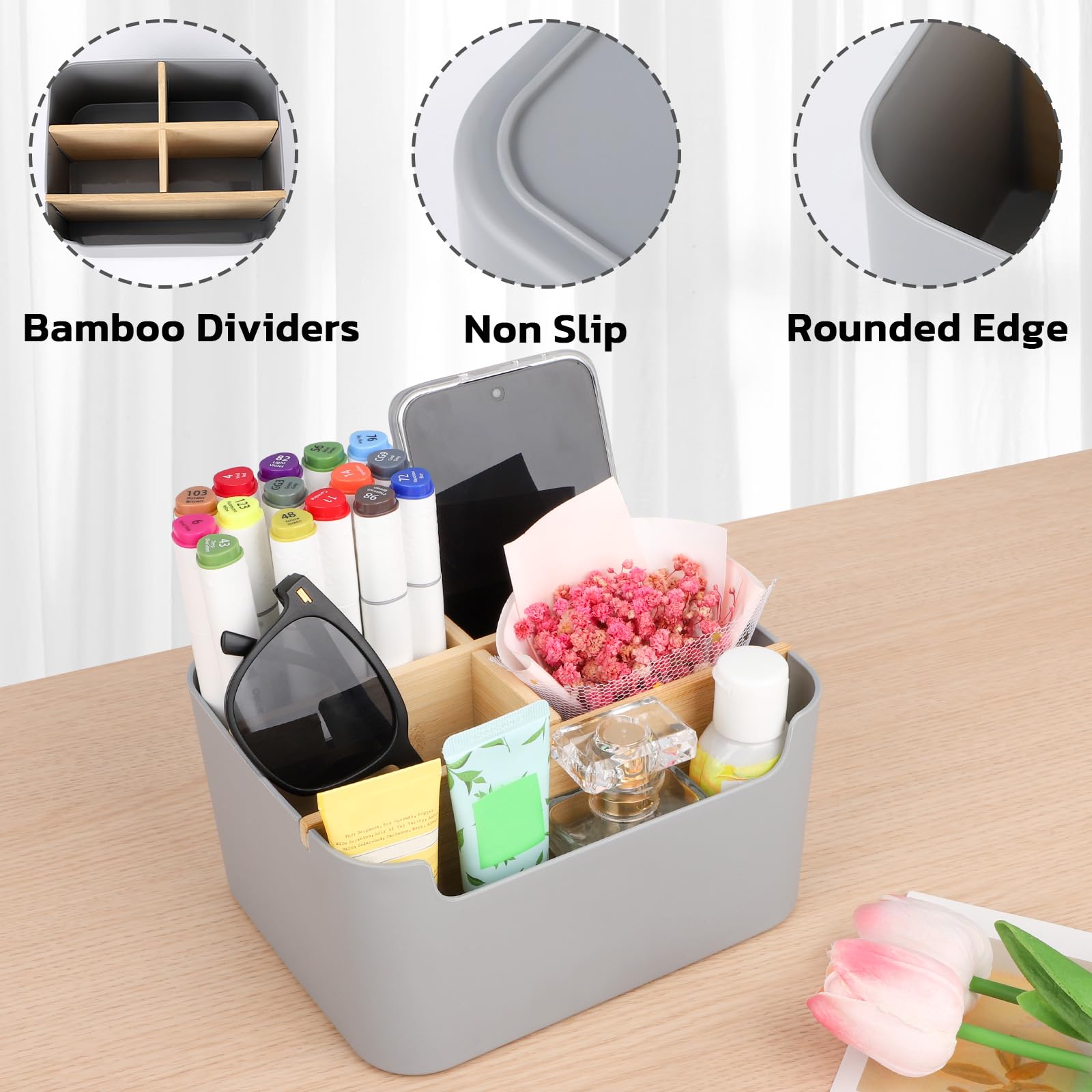 Segarty Gray Desk Storage Organizer, Detachable Divided Bamboo Remote Control Holder Caddy, Desktop