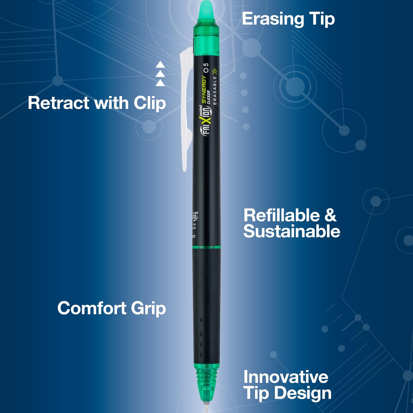 Pilot FriXion Synergy Clicker Erasable Gel Ink Pens, 0.5mm, Green, 12-Pack