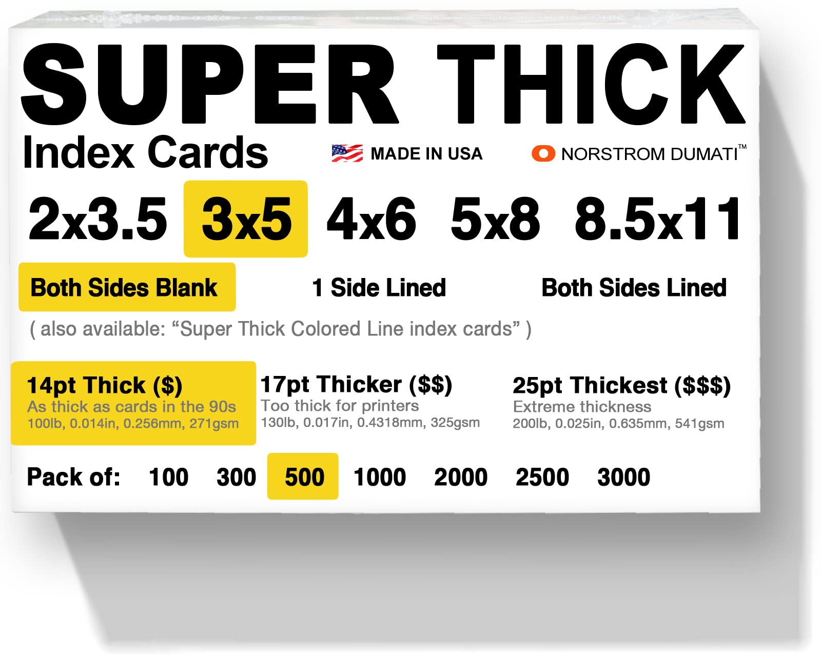 500 SUPER THICK index cards / 3"x5" / 14pt (0.014") 100lb / blank un-ruled/archival acid-free