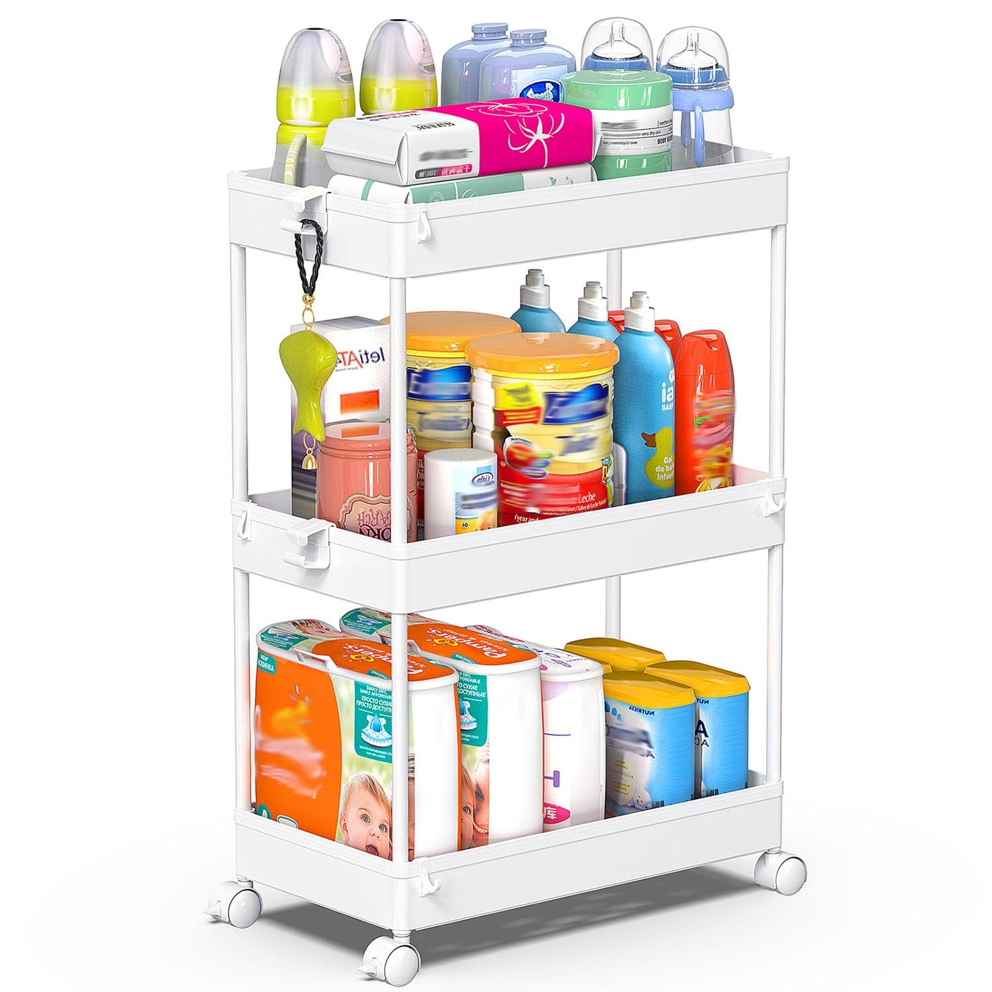 SPACEKEEPER 3 Tier Rolling Cart, Bathroom Cart Organizer with Wheels, White