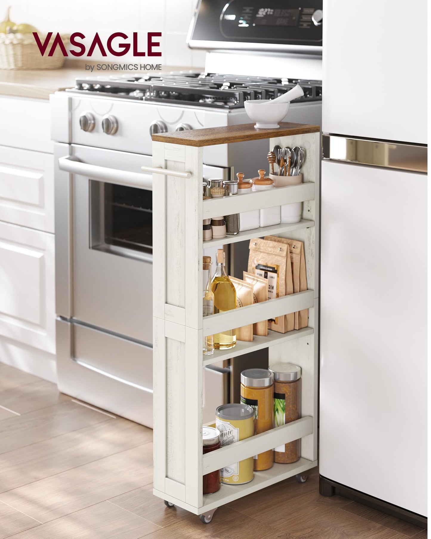 VASAGLE 4-Tier Slide-Out Storage Cart, Slim Kitchen Cart with Wheels