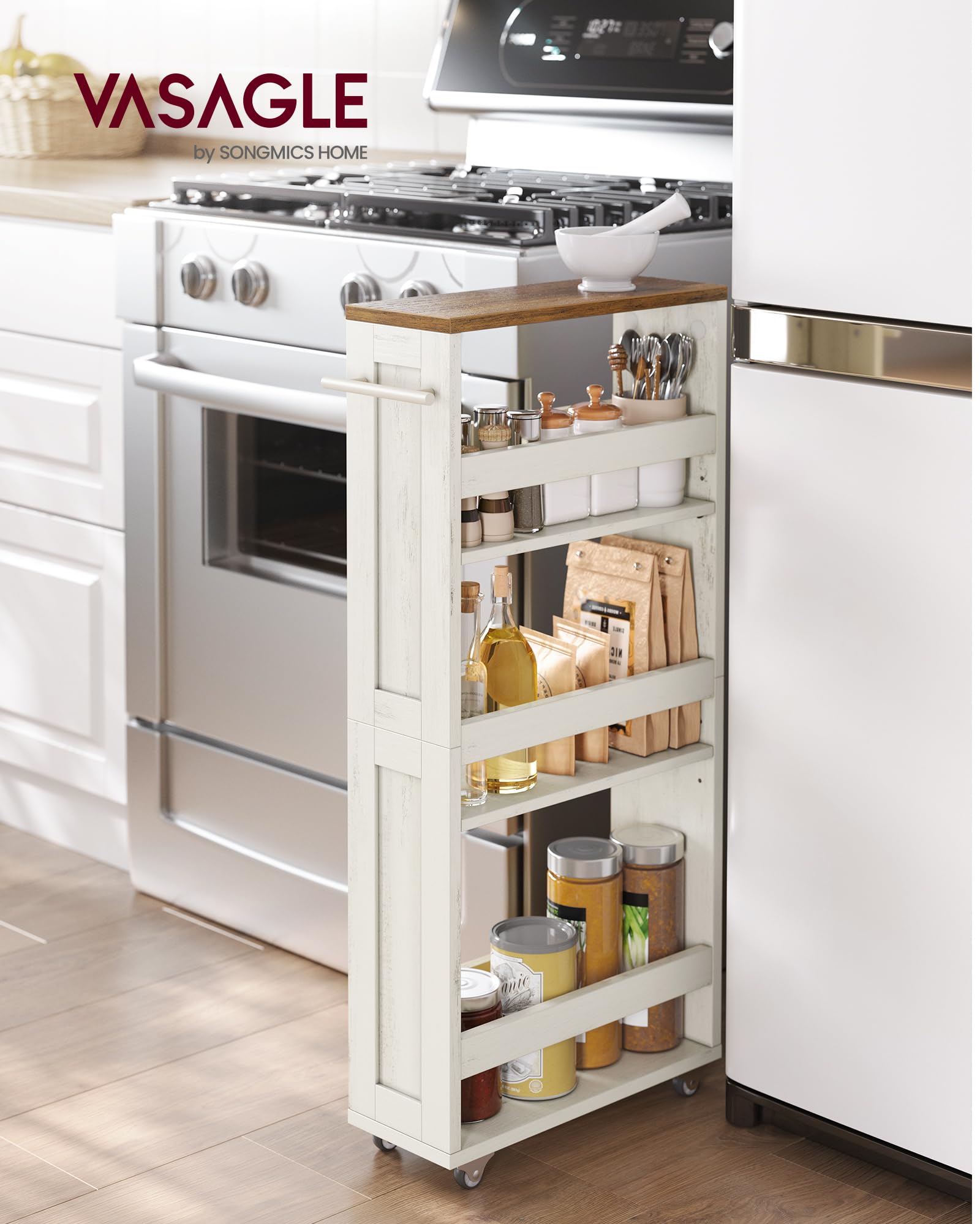 VASAGLE 4-Tier Slide-Out Storage Cart, Slim Kitchen Cart with Wheels