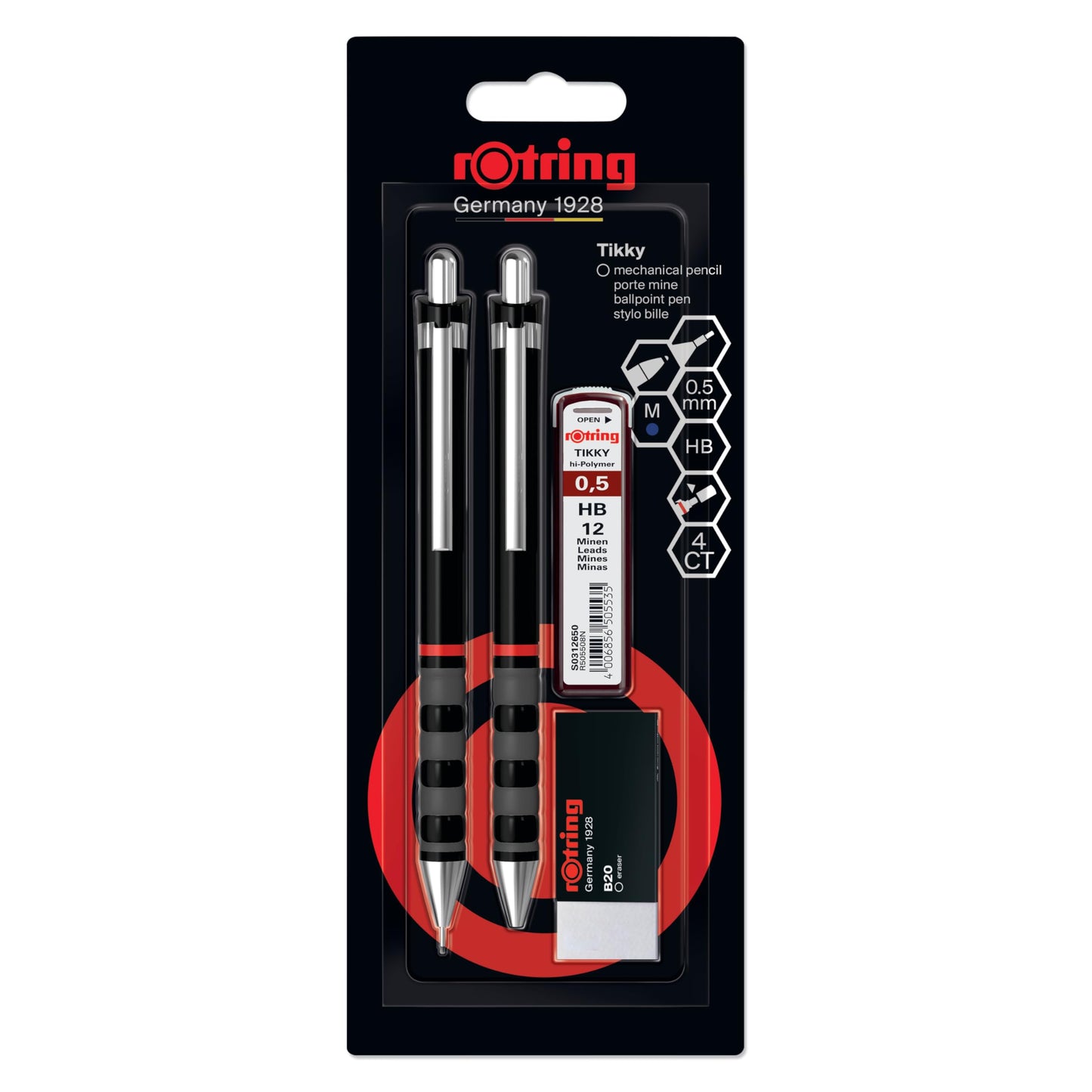 rOtring Tikky Set of Fine Lead Pen, Ballpoint Pen, Eraser and Refills | Pencil with HB Lead, 0.5