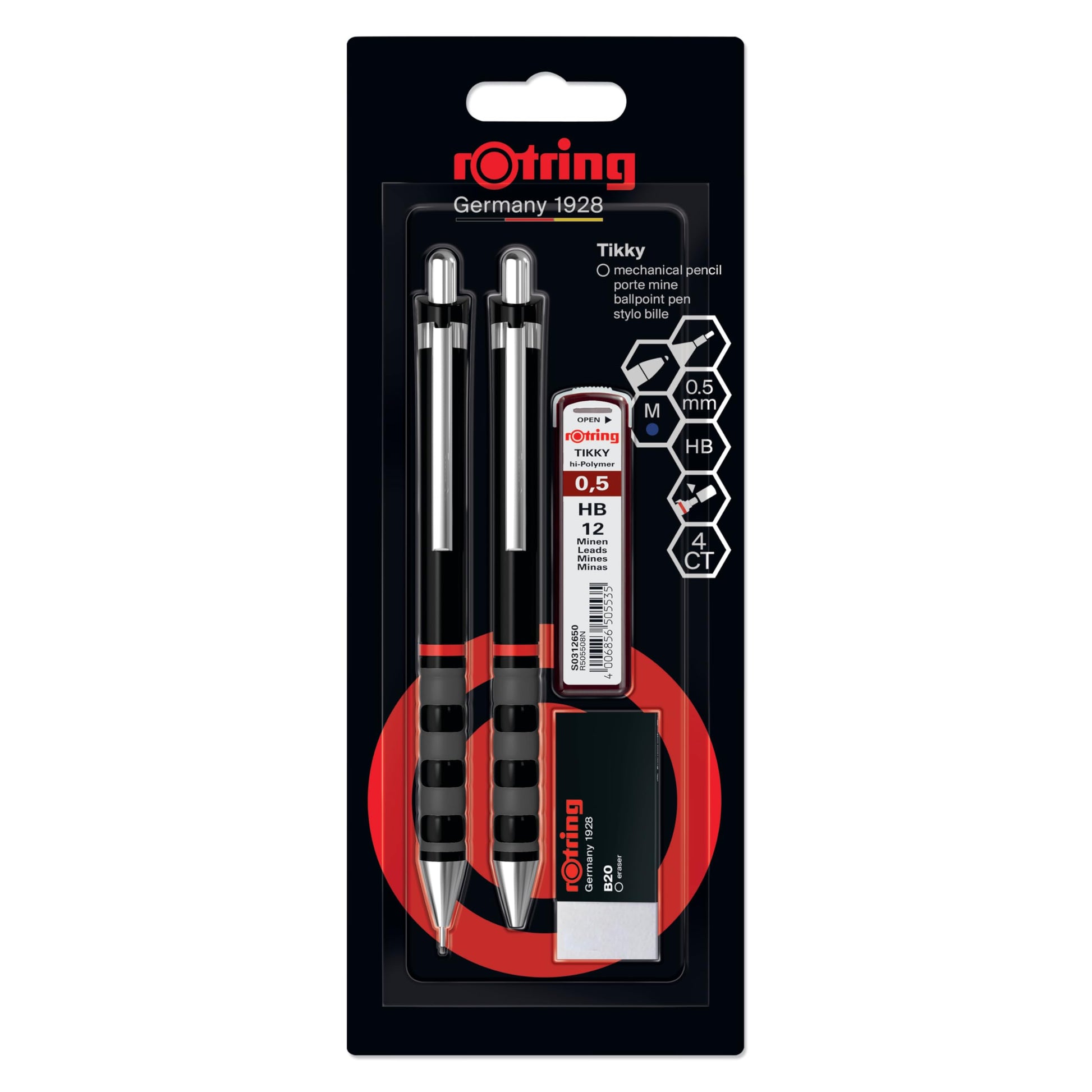 rOtring Tikky Set of Fine Lead Pen, Ballpoint Pen, Eraser and Refills | Pencil with HB Lead, 0.5