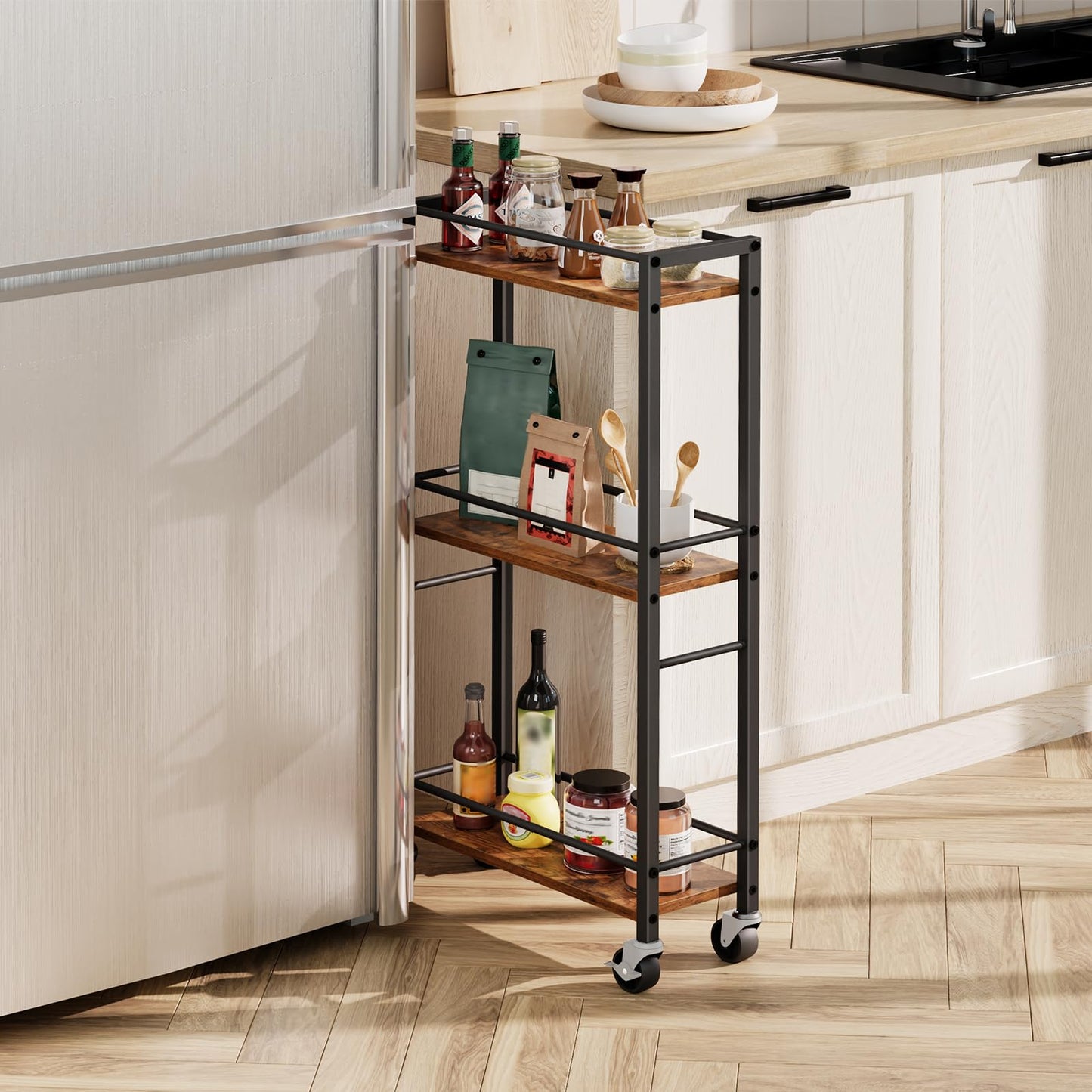 MAHANCRIS Slim Rolling Cart, Mobile Kitchen Cart on Wheels, Narrow Storage Cart for Small Space