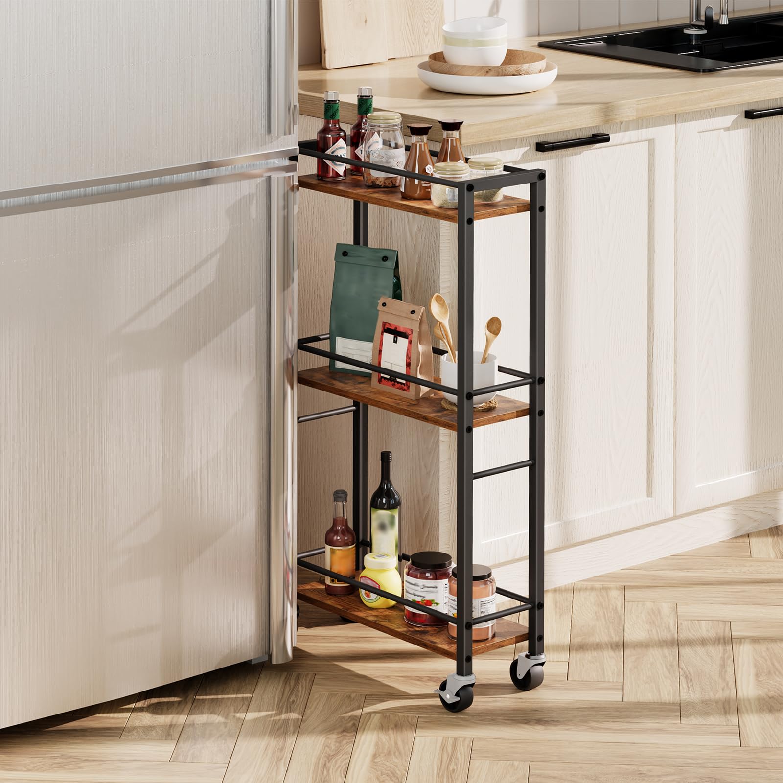 MAHANCRIS Slim Rolling Cart, Mobile Kitchen Cart on Wheels, Narrow Storage Cart for Small Space