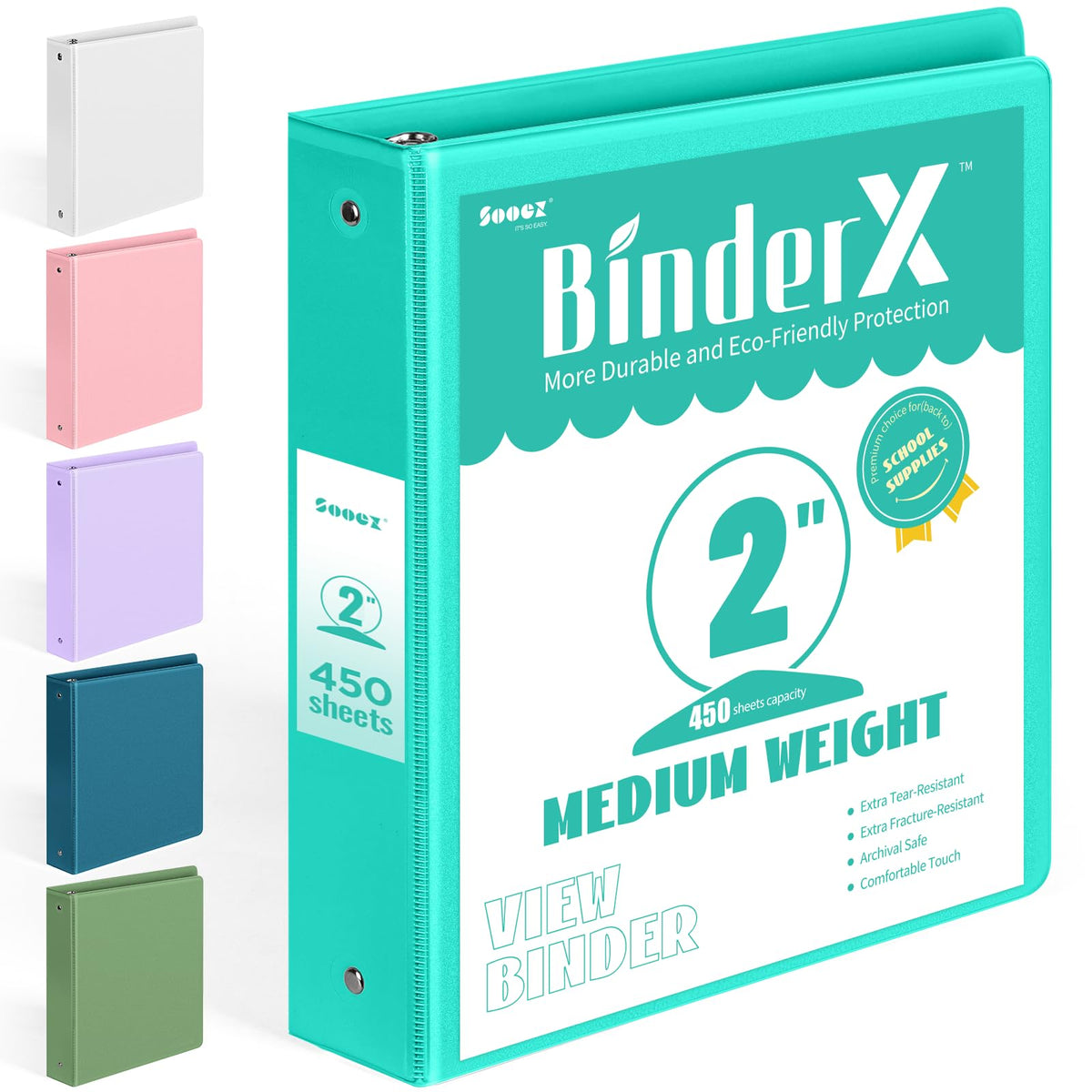 BinderX 3 Ring Binder 2 Inch, 2" Clear View Binder, Aqua Blue, Letter /A4