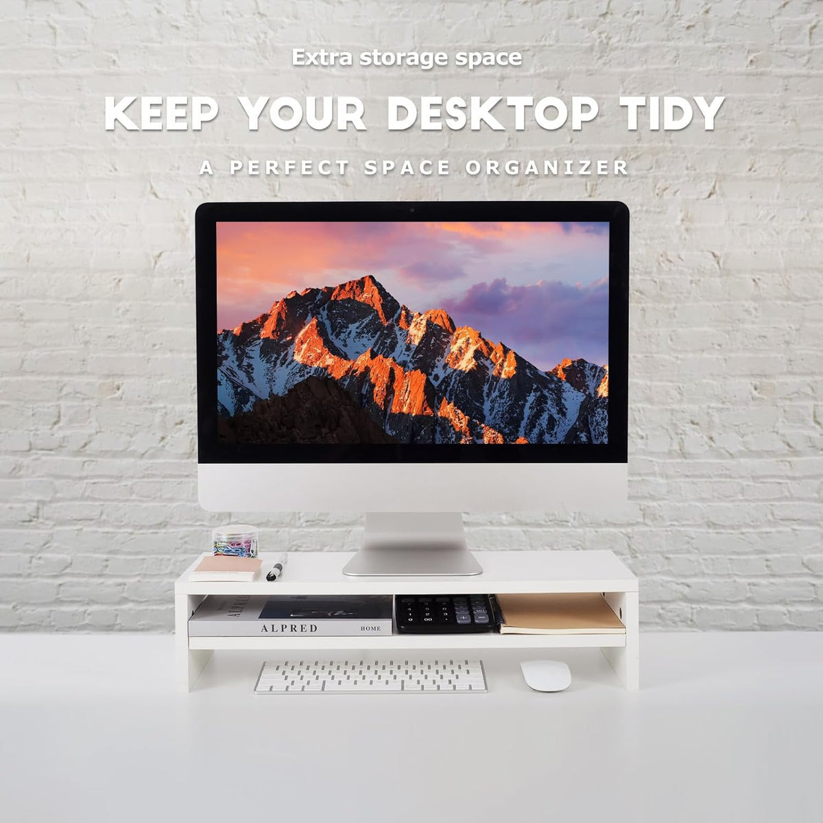 BEYGORM Monitor Stand Riser, White, 21.6 inch, 2 Tiers Wood Desk Shelf