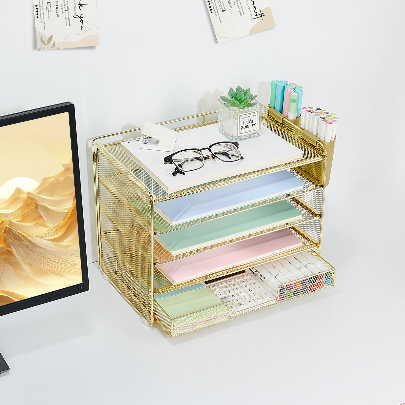 LEKETREE Desk Organizers and Accessories, 5-Tier Paper Letter Tray Organizer with Drawer & 2 Pen